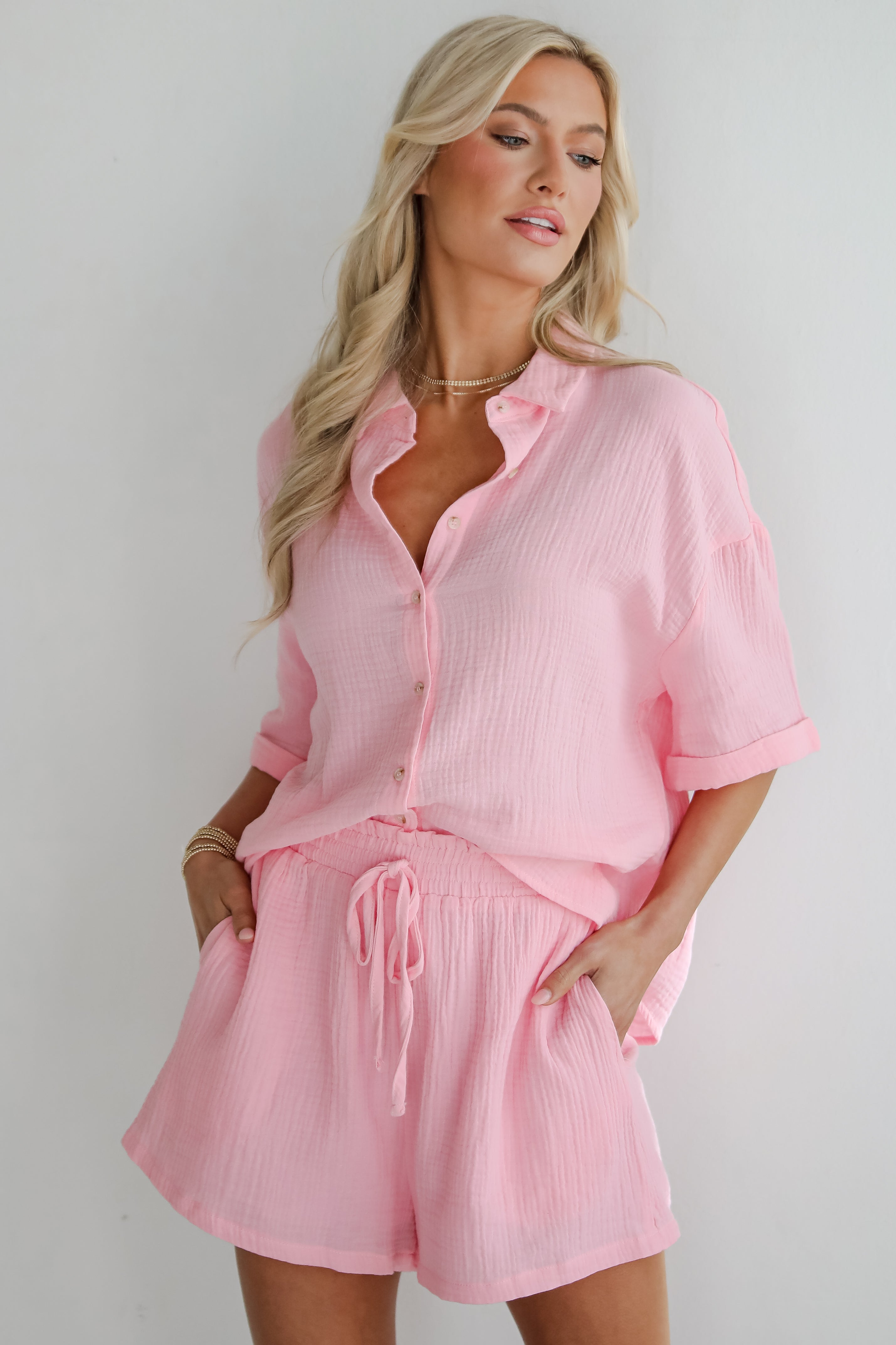 Hit The Breeze Pink Linen Blouse