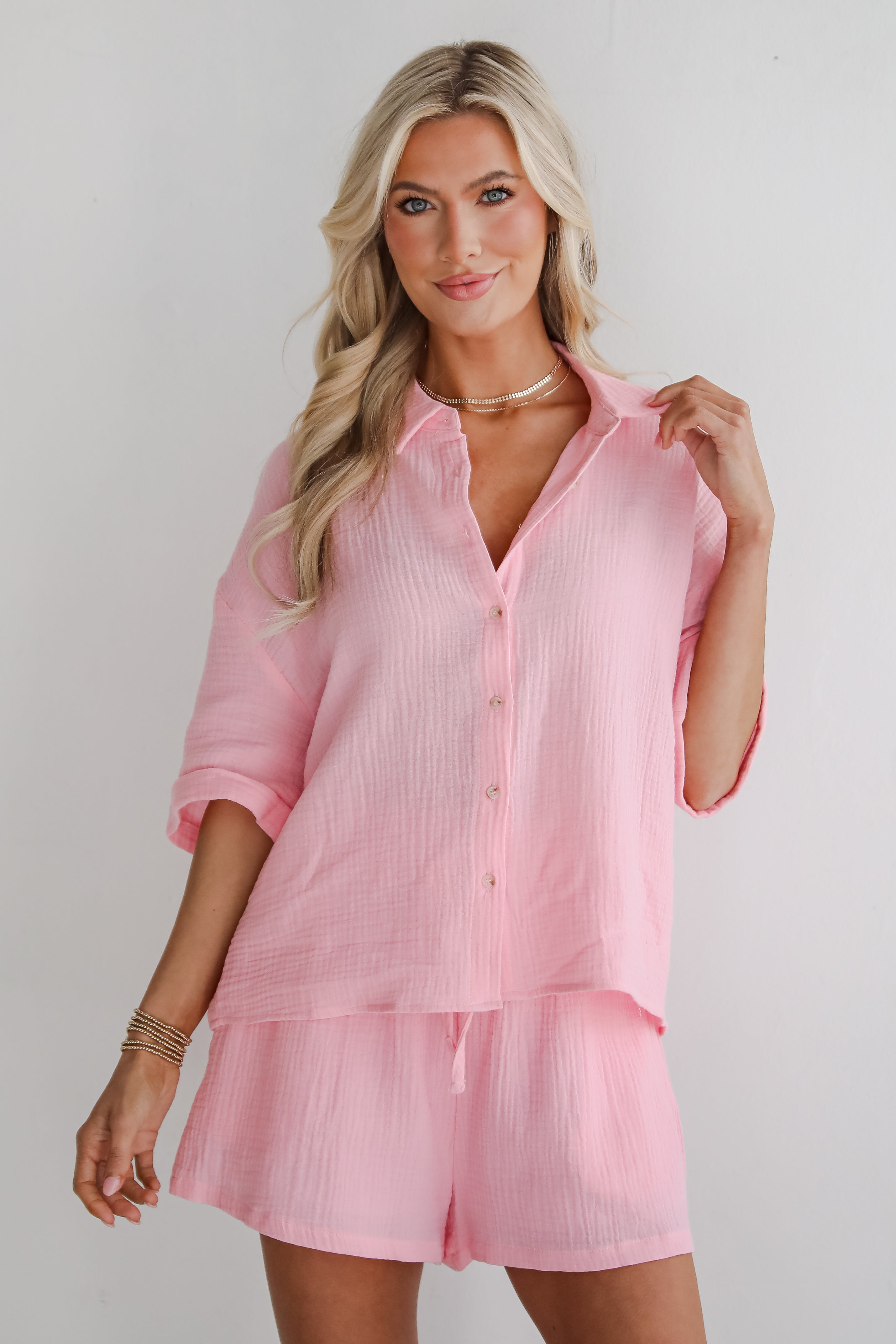 Hit The Breeze Pink Linen Blouse