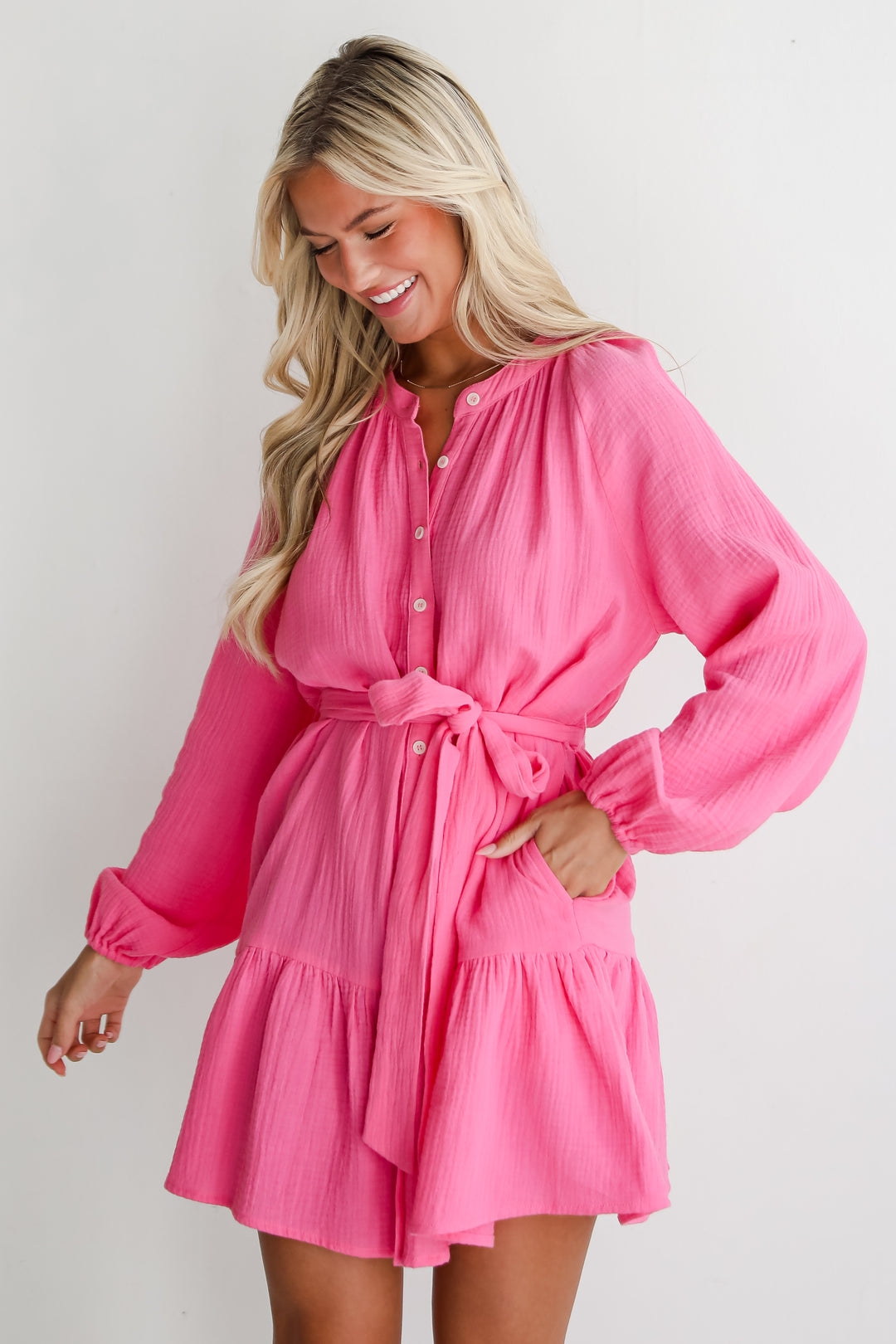 womens Hot Pink Linen Mini Dress