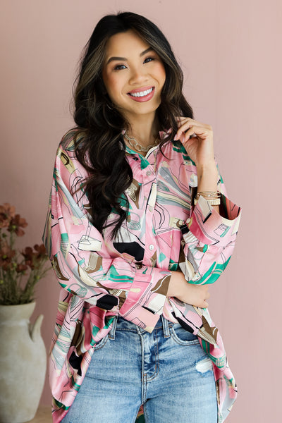 Stylish Imagination Pink Satin Oversized Blouse trendy tops for women