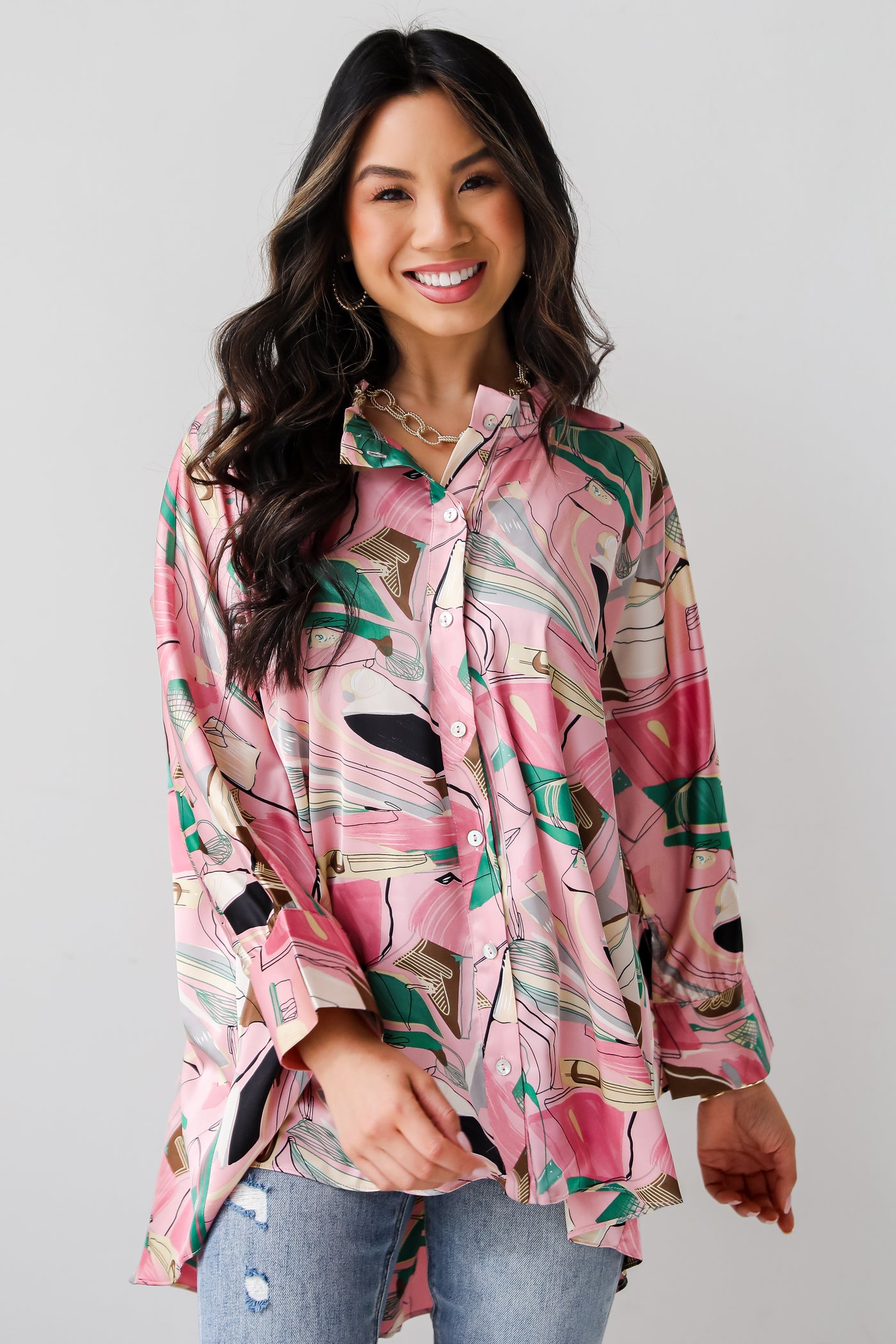 Stylish Imagination Pink Satin Oversized Blouse trendy blouses