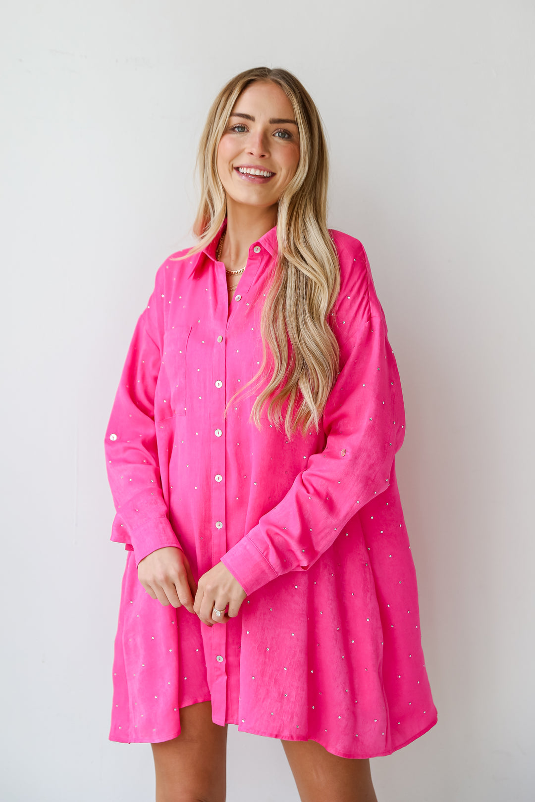 long sleeve Fuchsia Satin Rhinestone Mini Dress.  Cheap Dresses. Online cheap dresses. Pink Dress. Online Women's Boutique