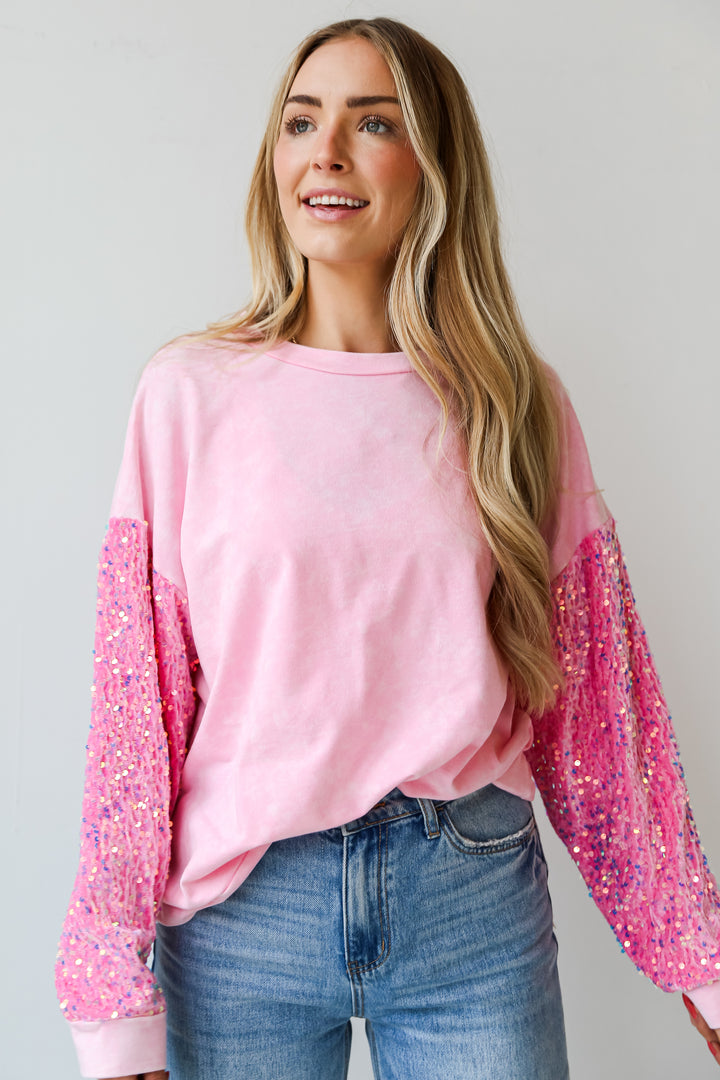 cute Pink Sequin Sleeve Pullover