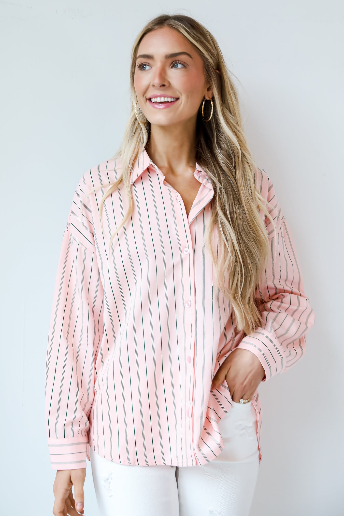 Pink Striped Oversized Button-Up Blouse for women