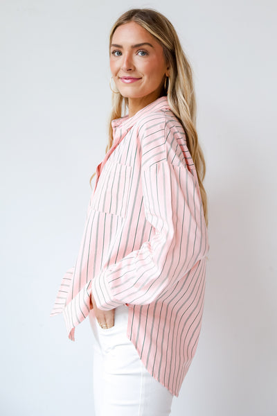 womens Pink Striped Oversized Button-Up Blouse