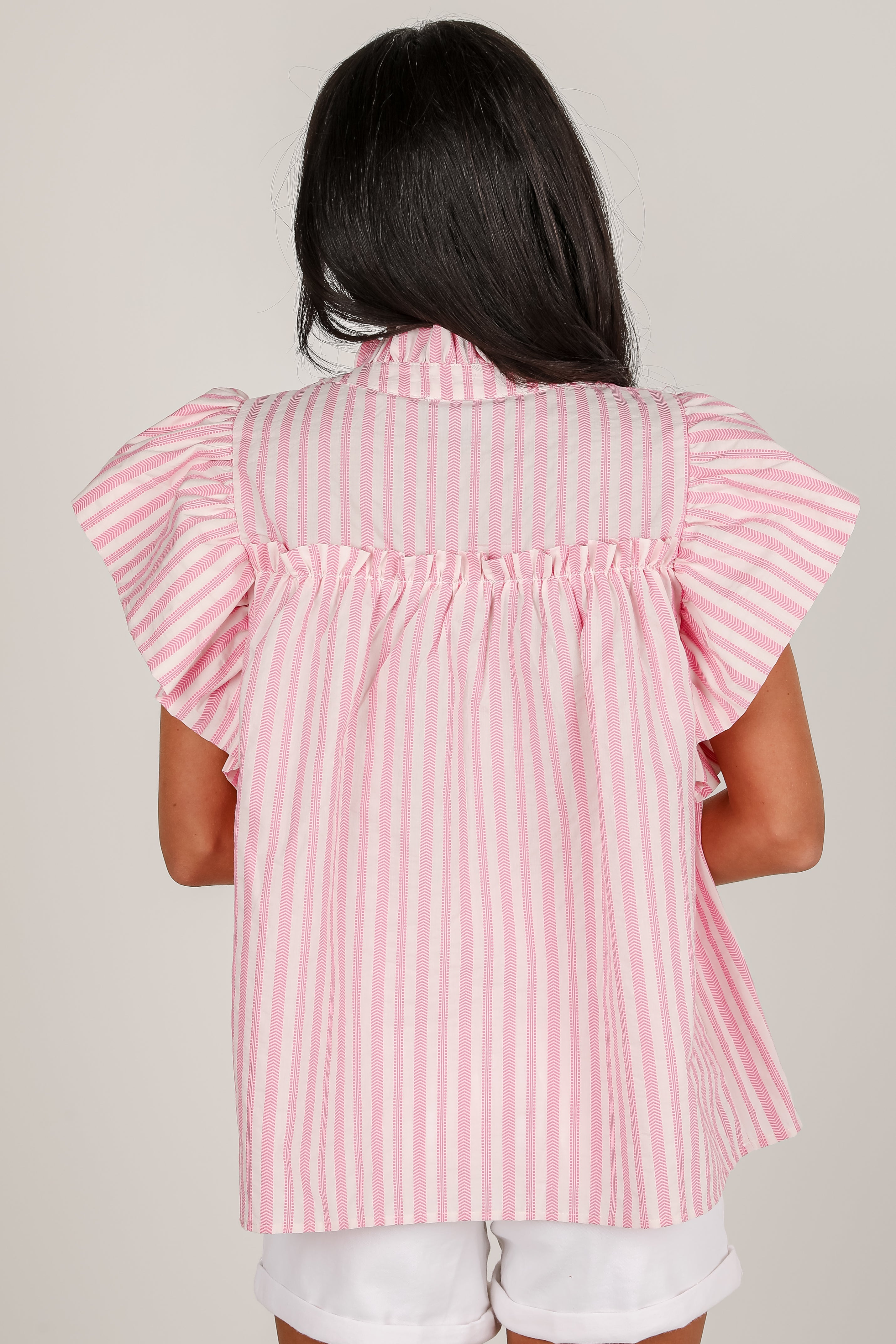 Tell It All Pink Striped Ruffle Blouse