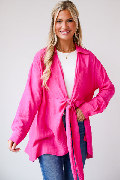 cute Hot Pink Tie-Front Blouse