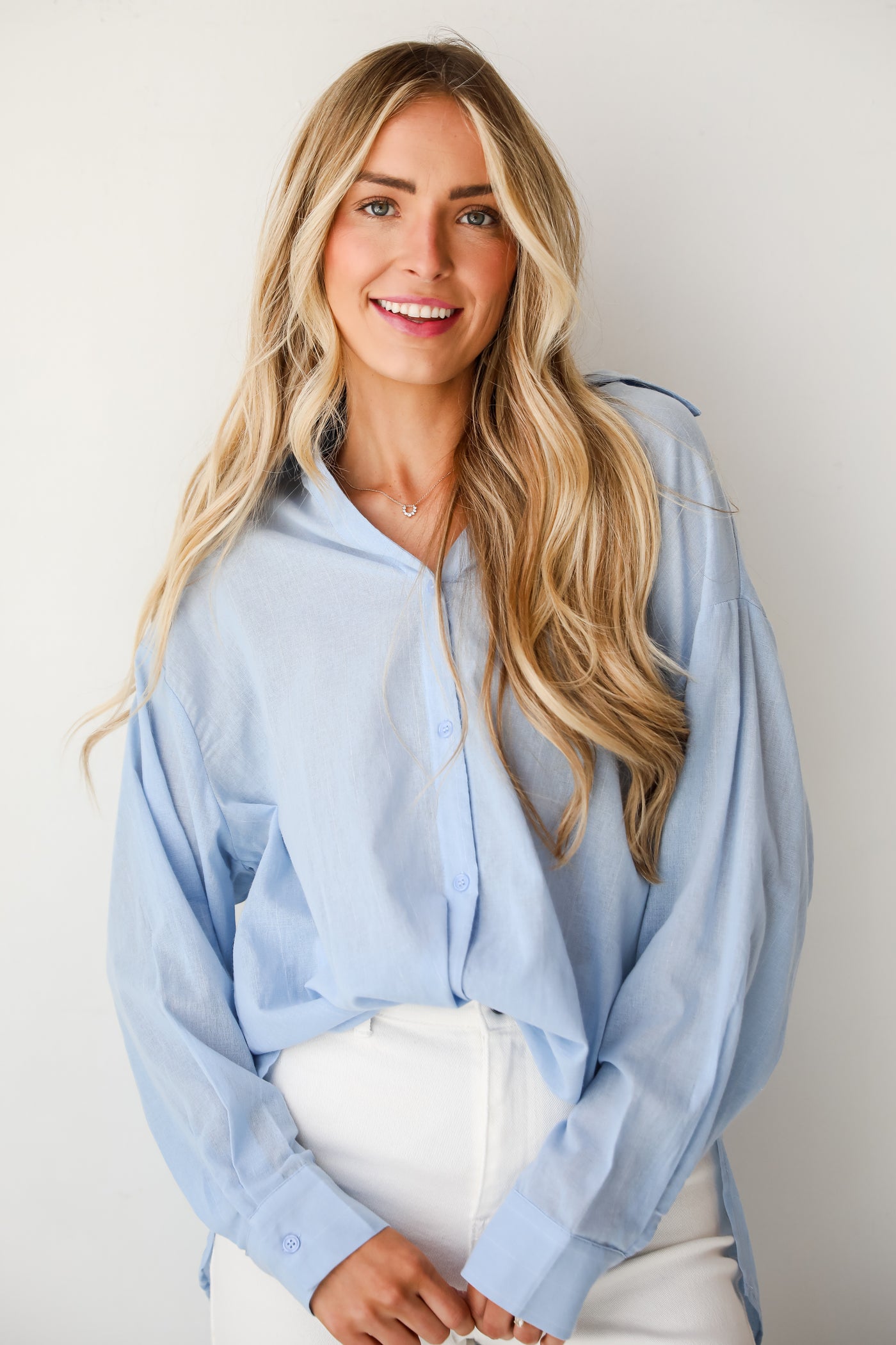 blue Pinstripe Oversized Button-Up Blouse for women