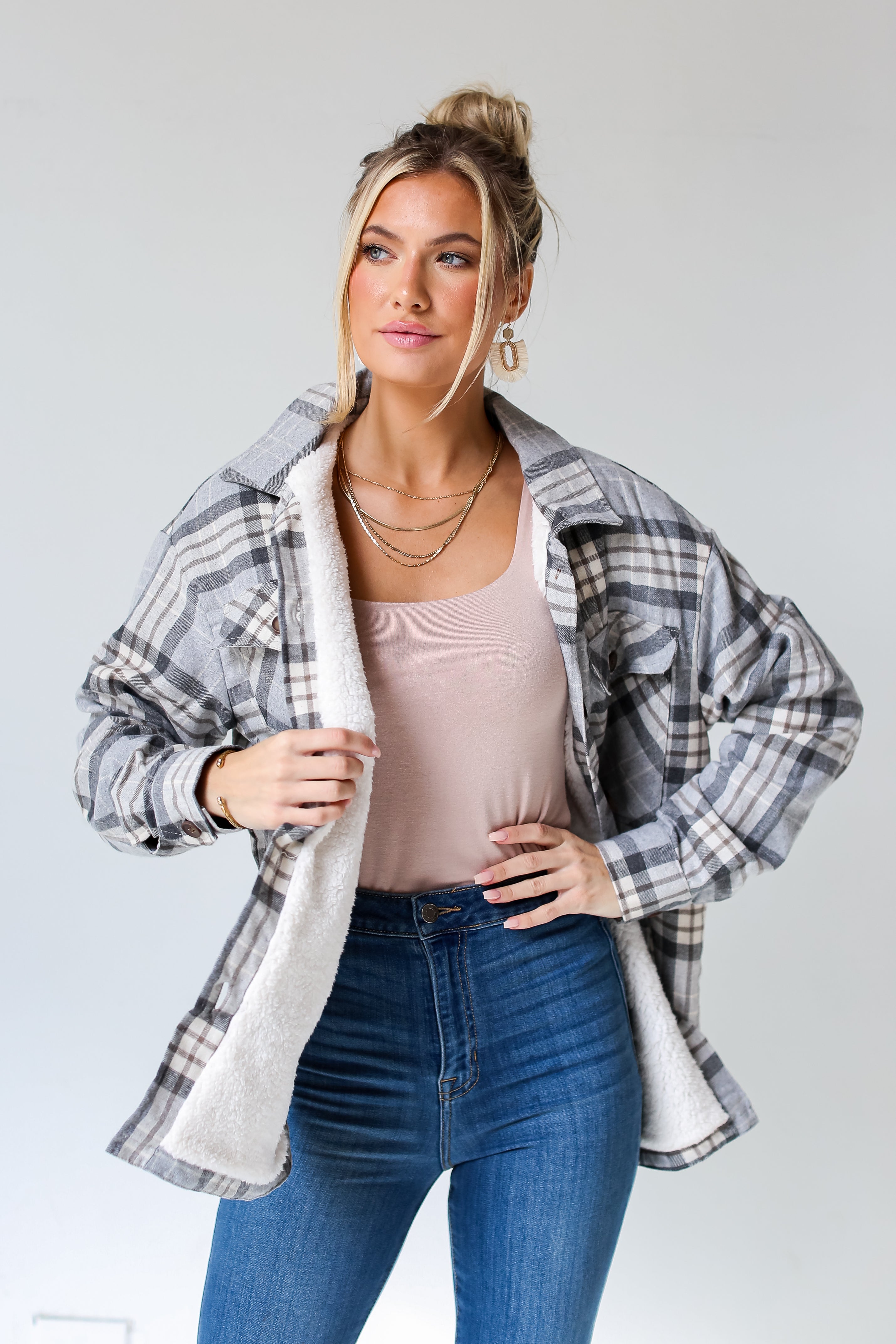 Grey Plaid Sherpa Shacket front view