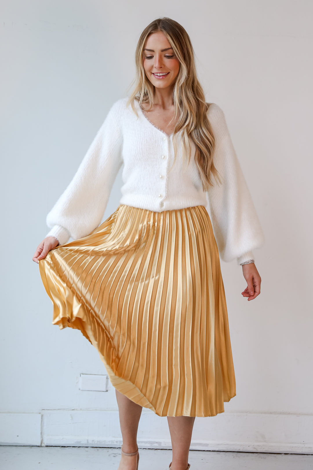 gold Satin Pleated Midi Skirt on model