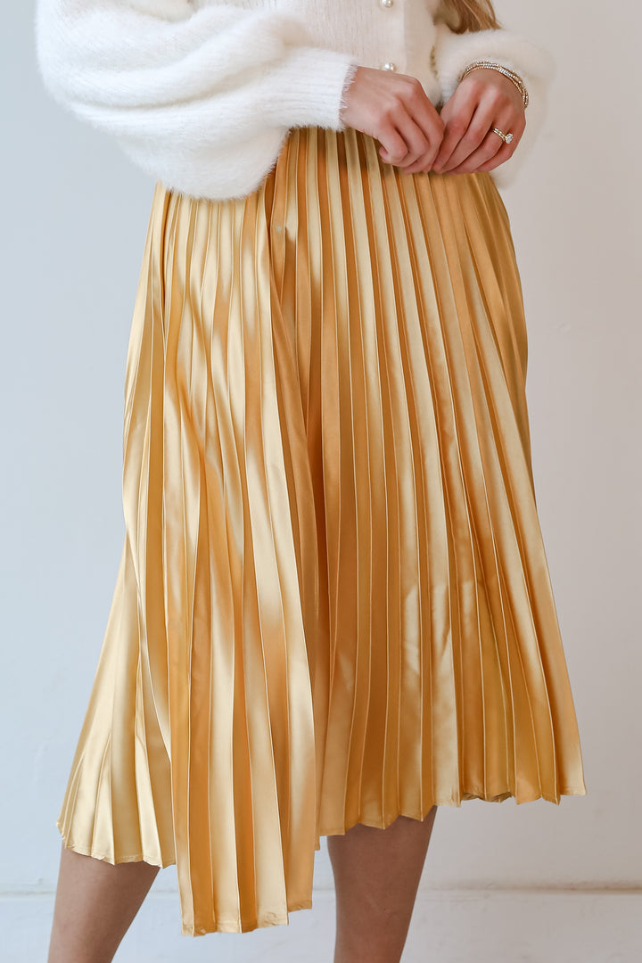 cute gold Satin Pleated Midi Skirt