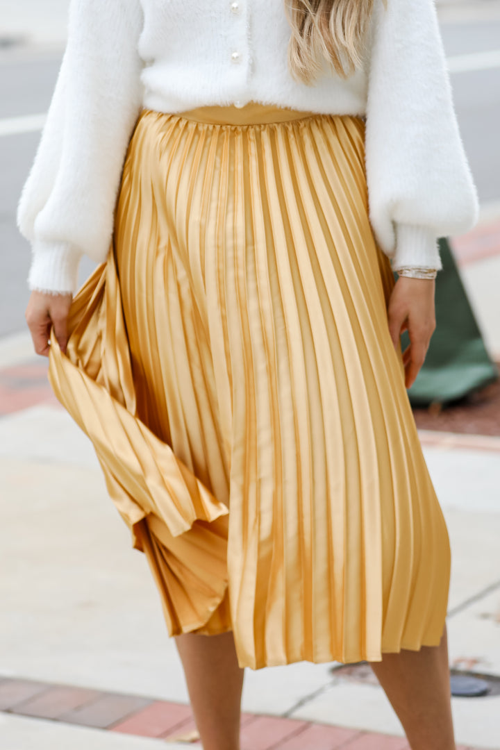 gold Satin Pleated Midi Skirt