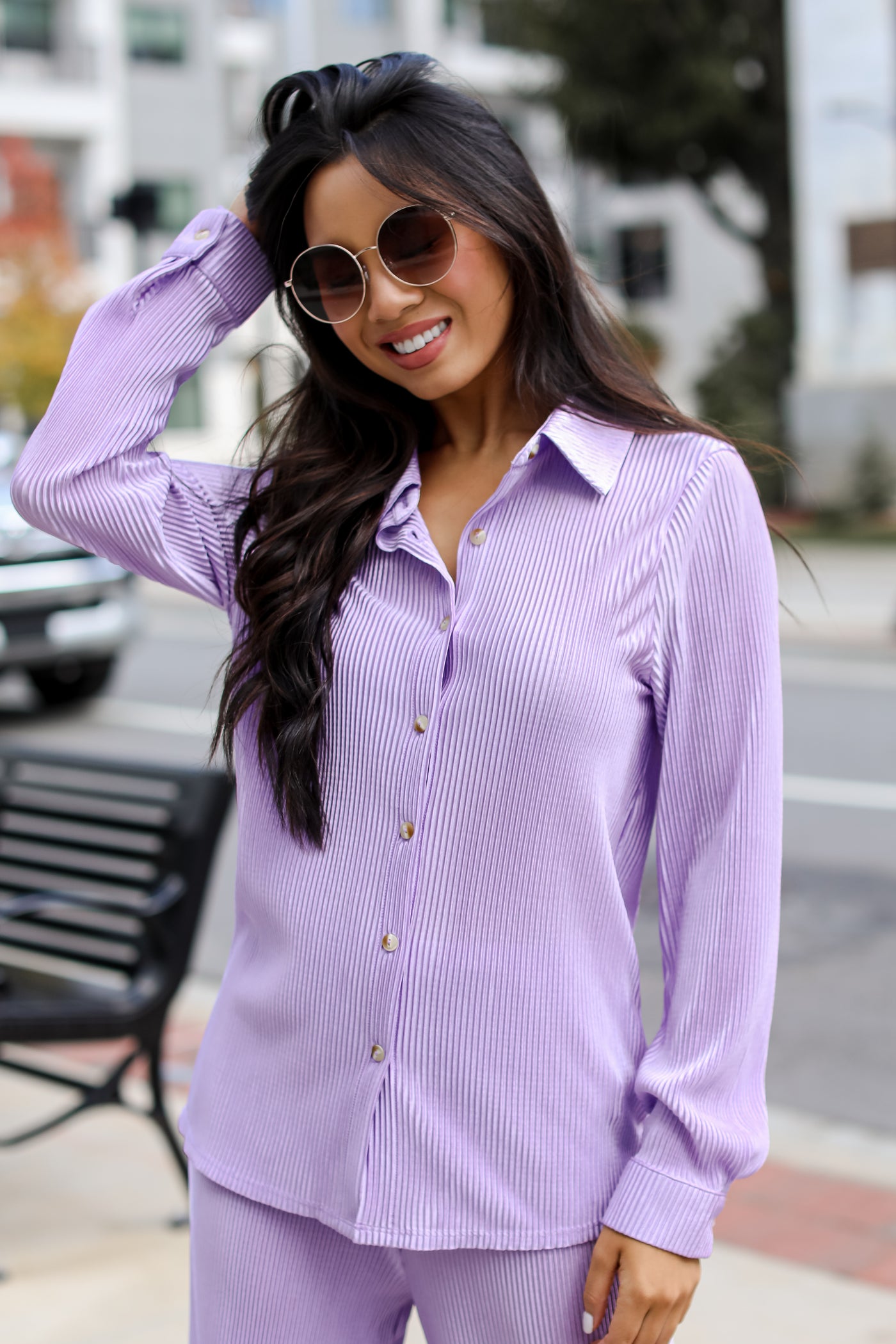 purple Plisse Button-Up Blouse