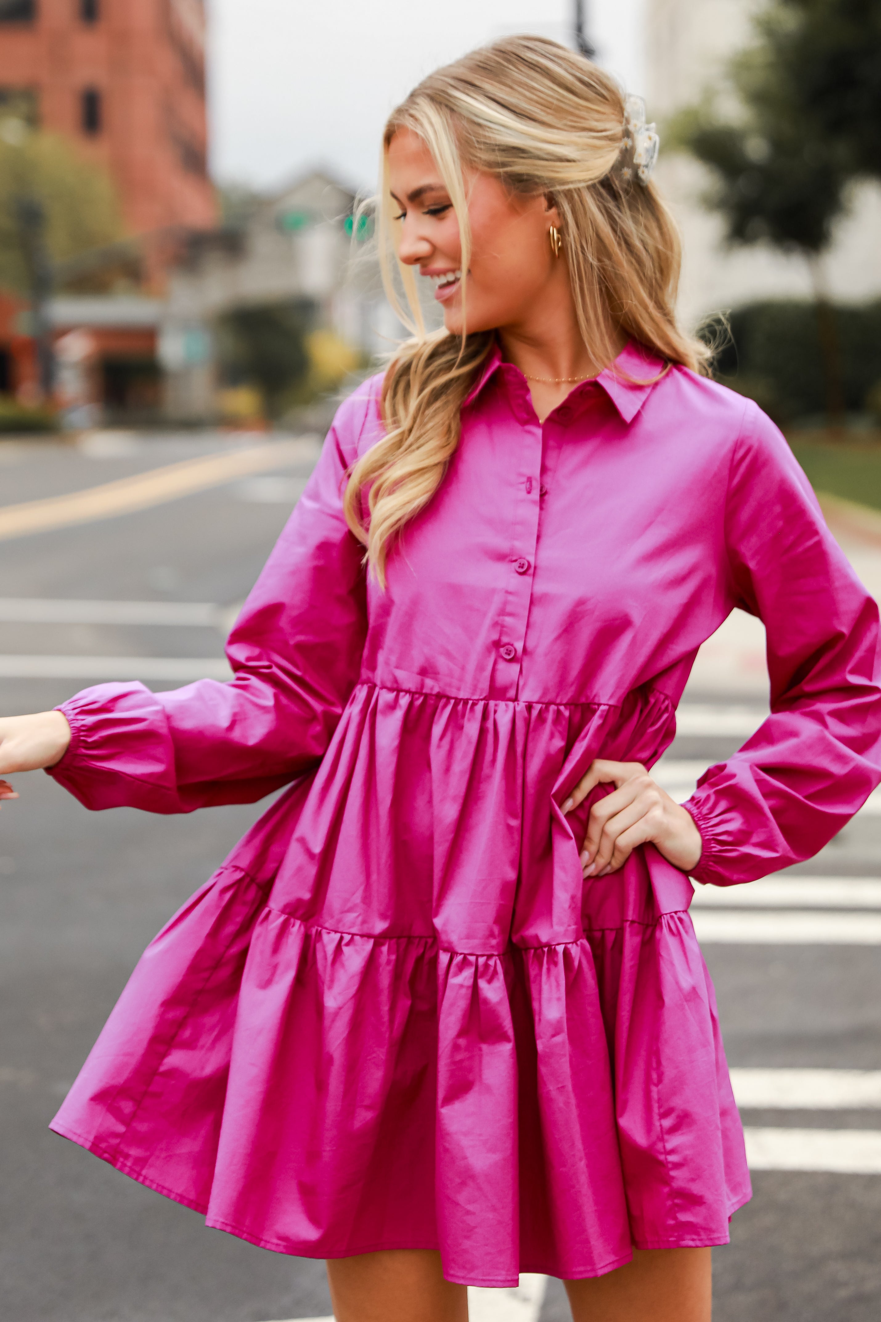 purple tiered mini dress