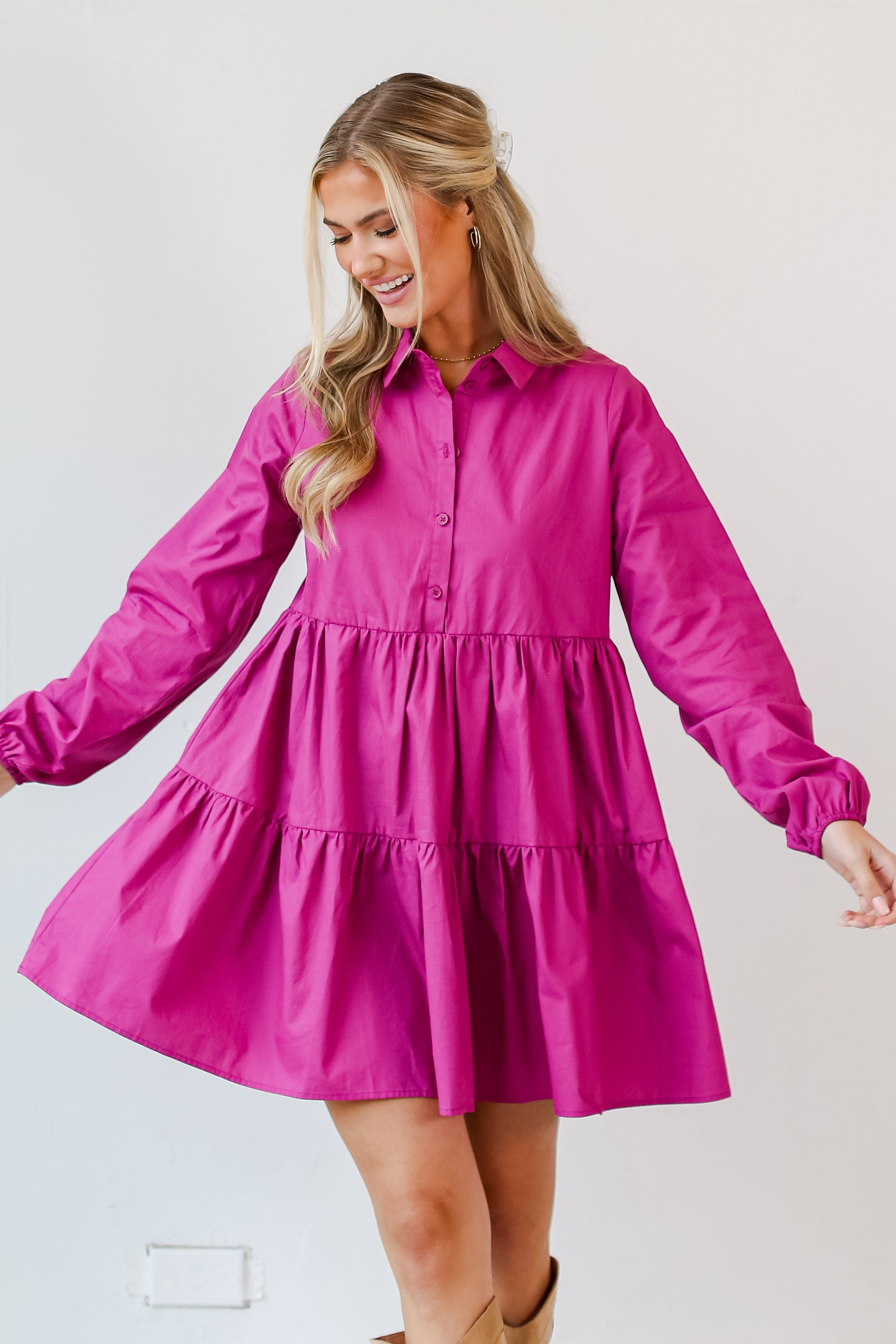 purple tiered mini dress