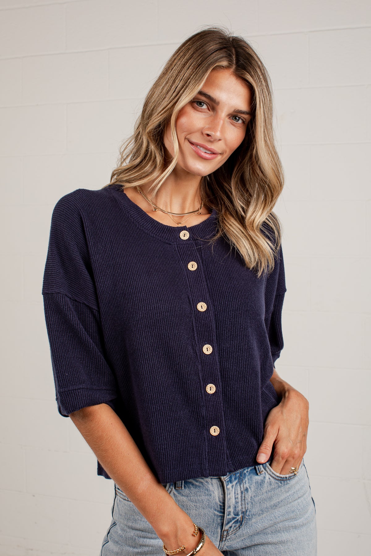 Polished Plans Button Front Knit Top