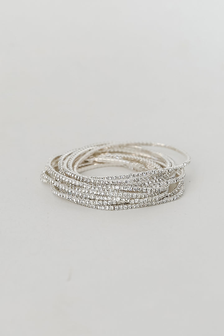 silver Rhinestone Bracelet Set flat lay