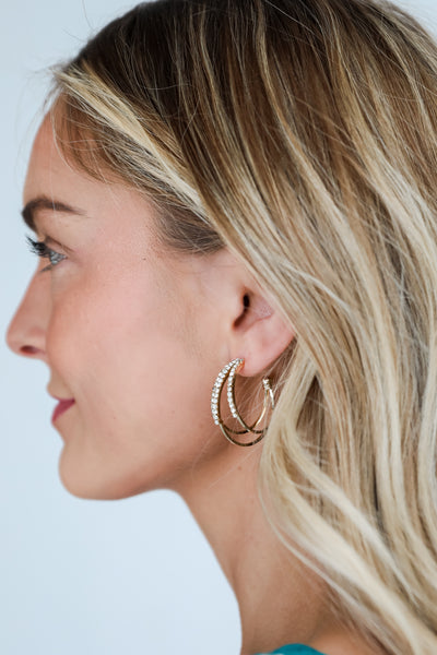 cute  Gold Rhinestone Triple Hoop Earrings