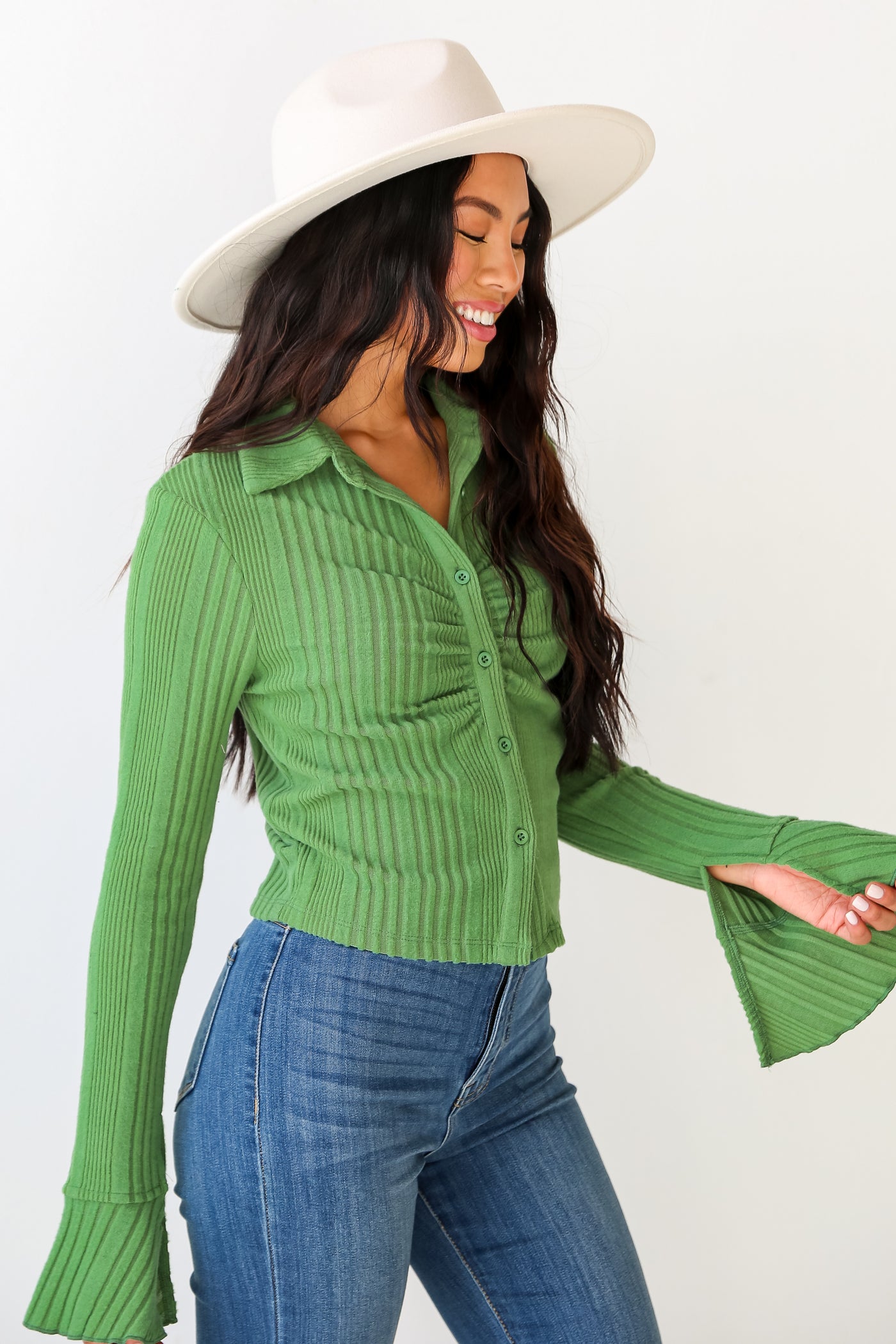 green Brushed Ribbed Knit Collared Top side view