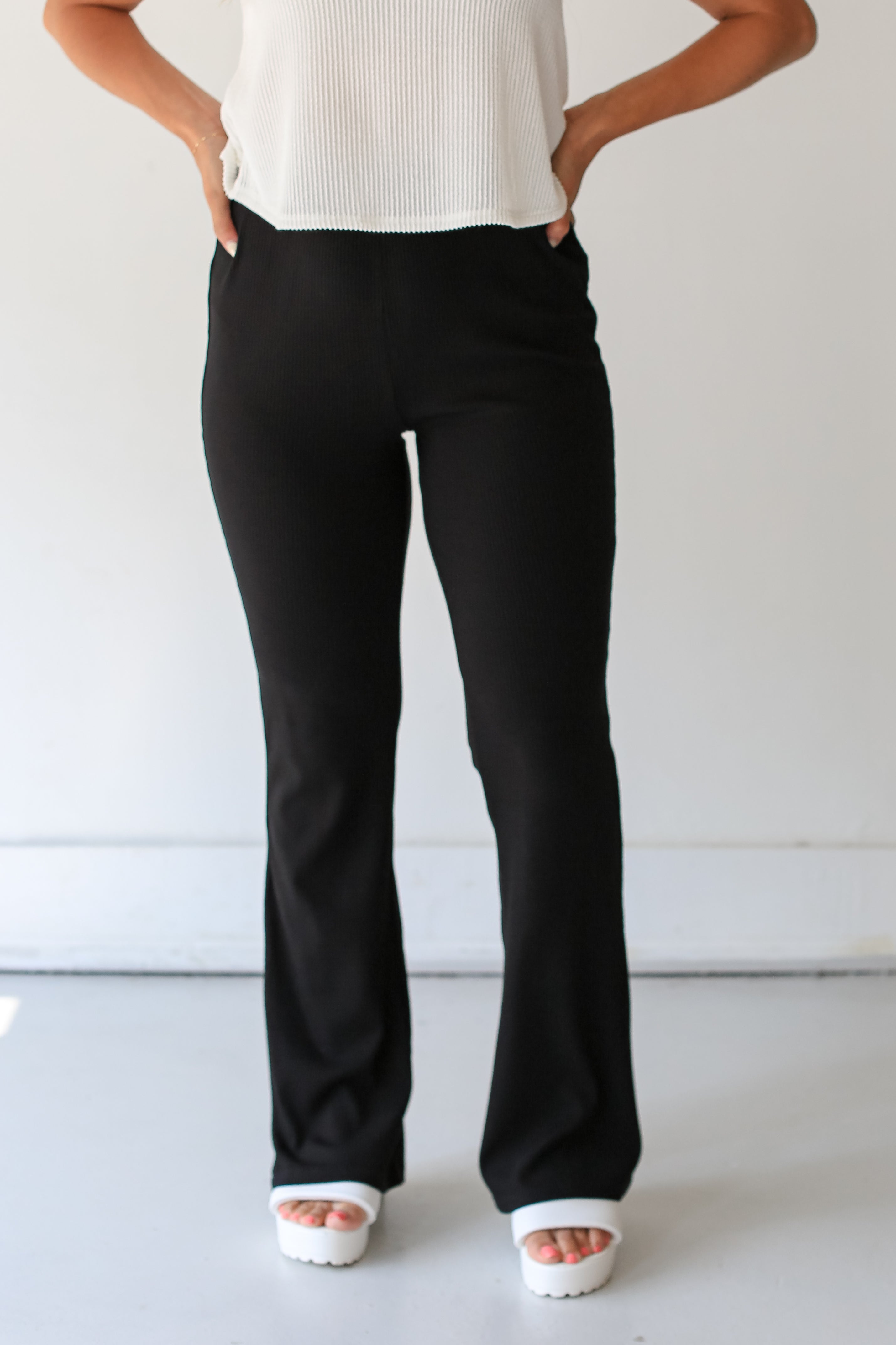 black Ribbed Flare Pants close up