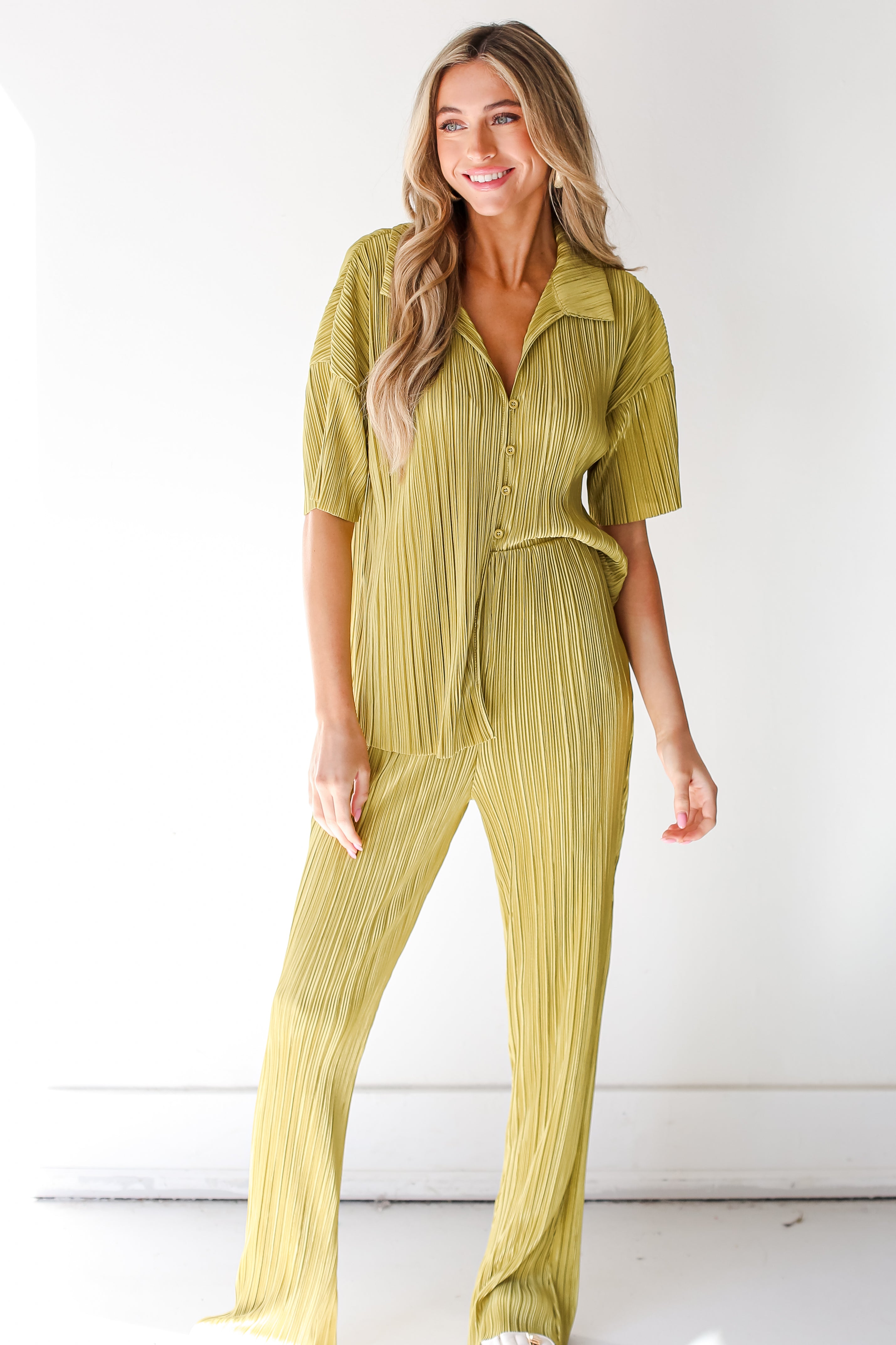 lime Plisse Satin Pants front view