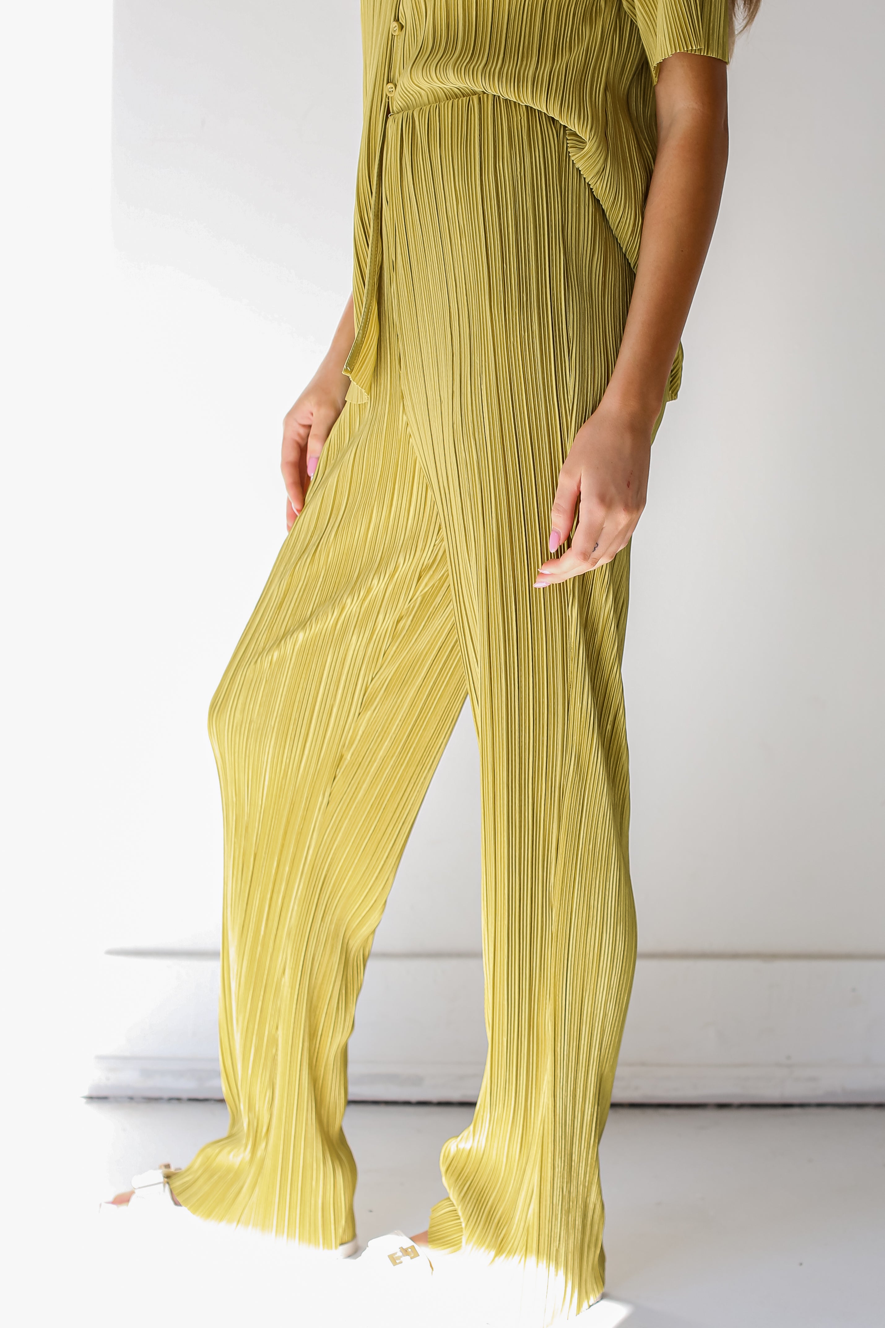 lime Plisse Satin Pants side view