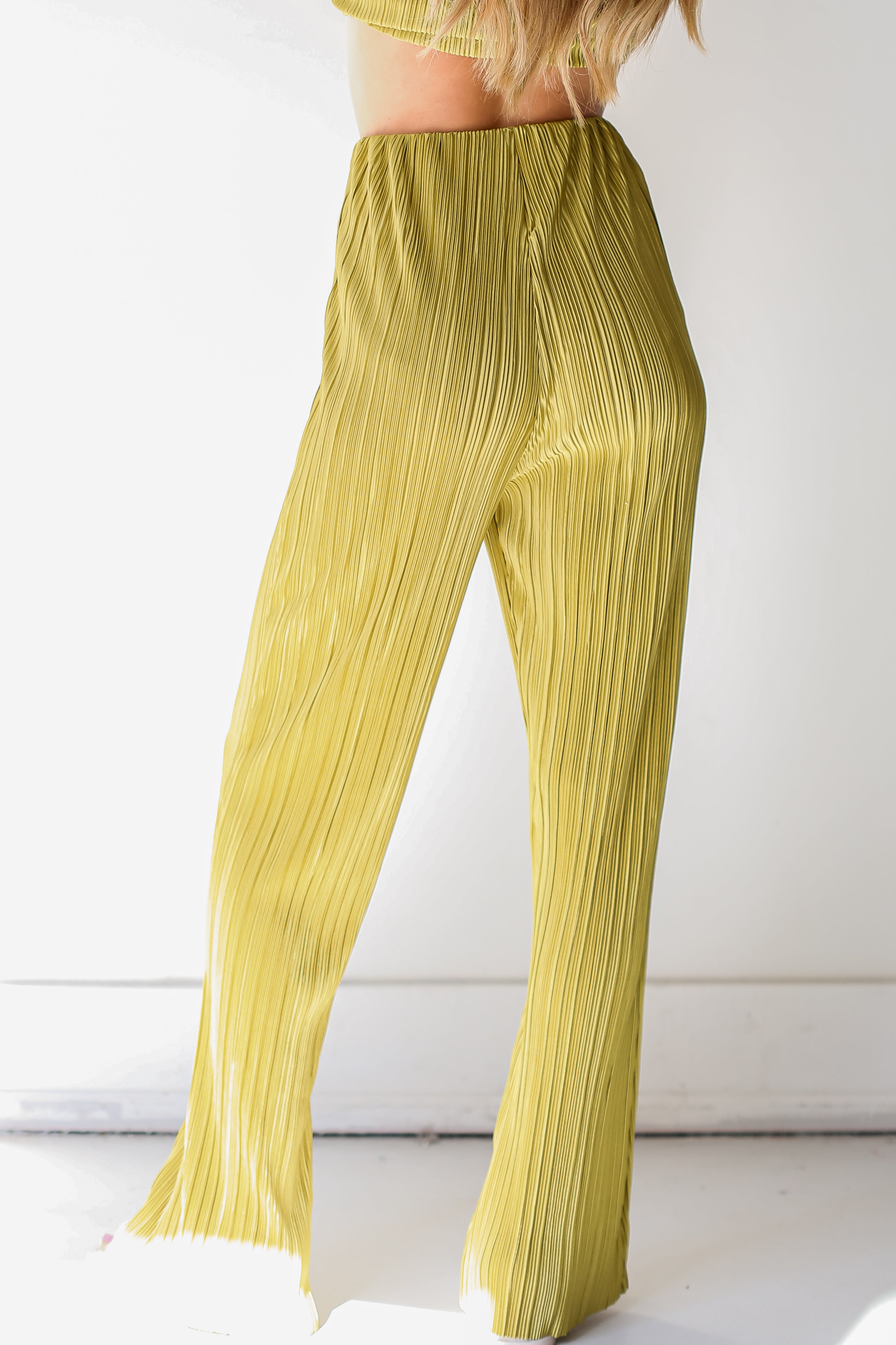 lime Plisse Satin Pants back view