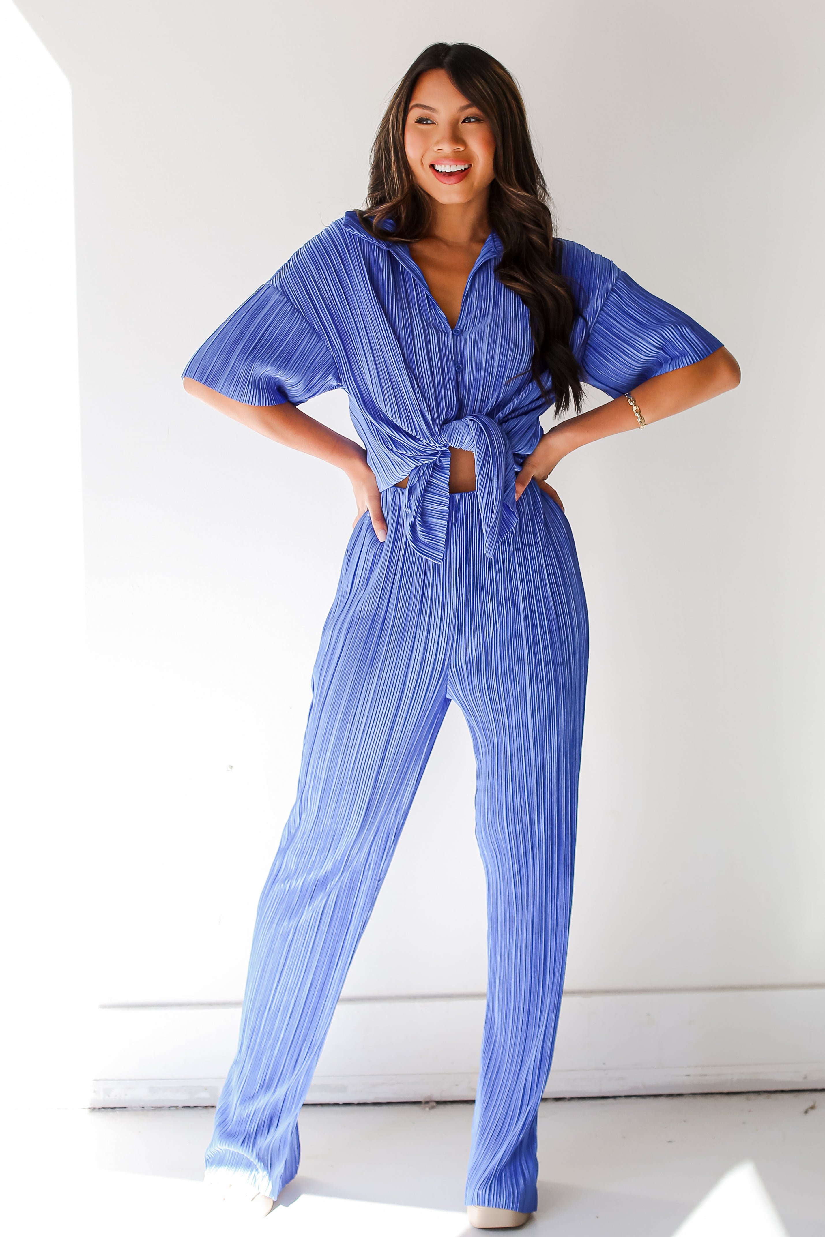 blue Plisse Satin Pants front view