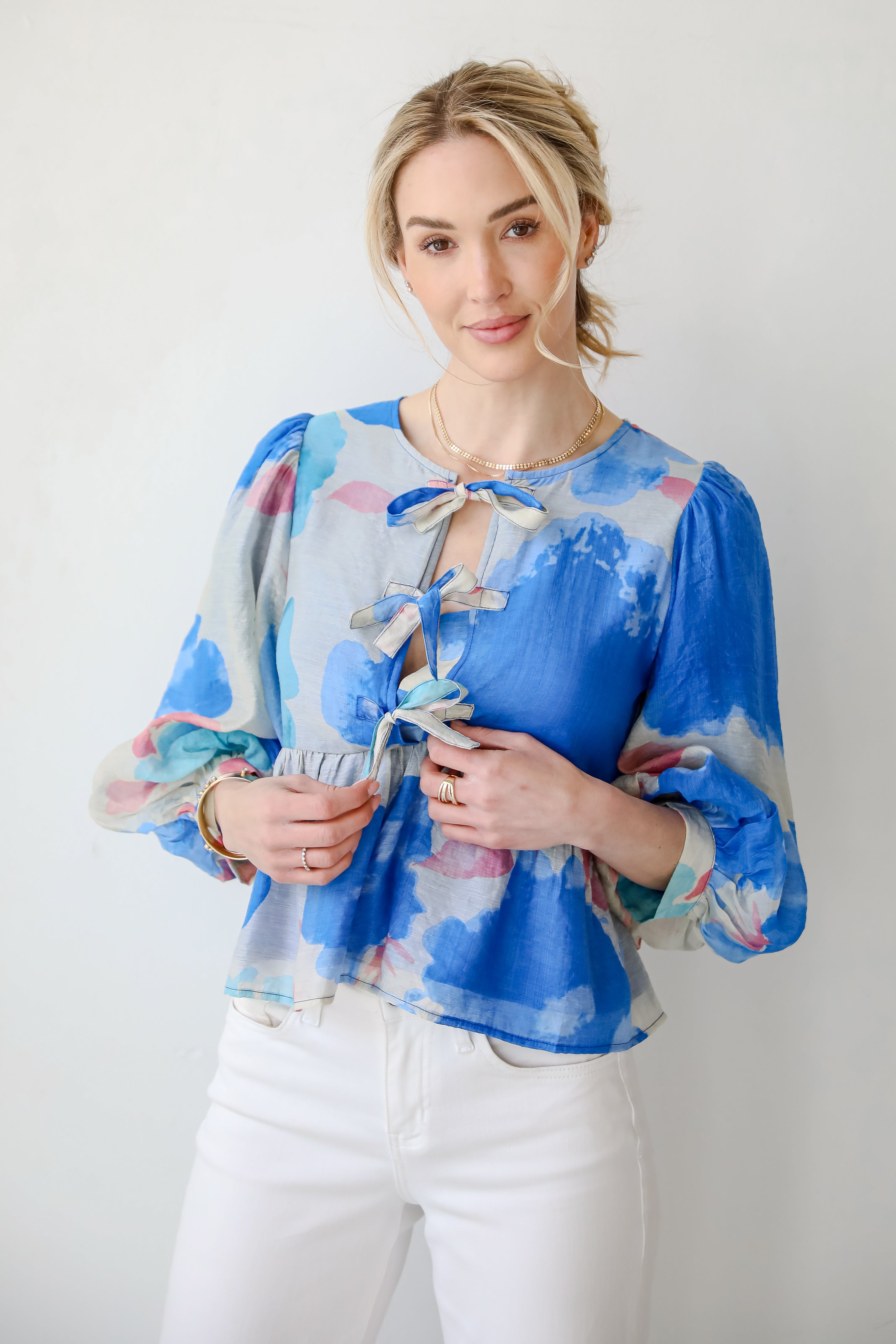 Just My Type Royal Blue Floral Bow Blouse