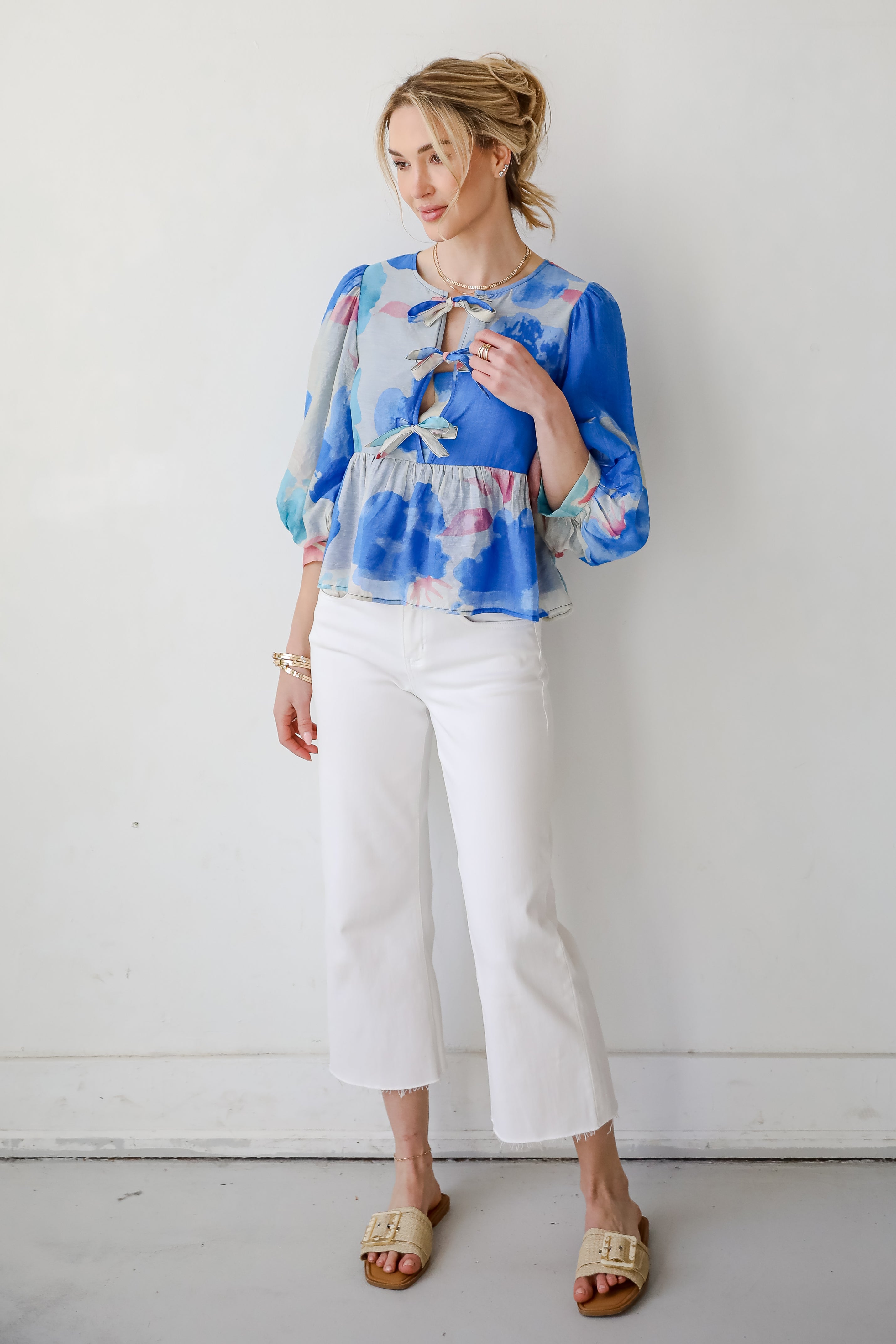 Just My Type Royal Blue Floral Bow Blouse