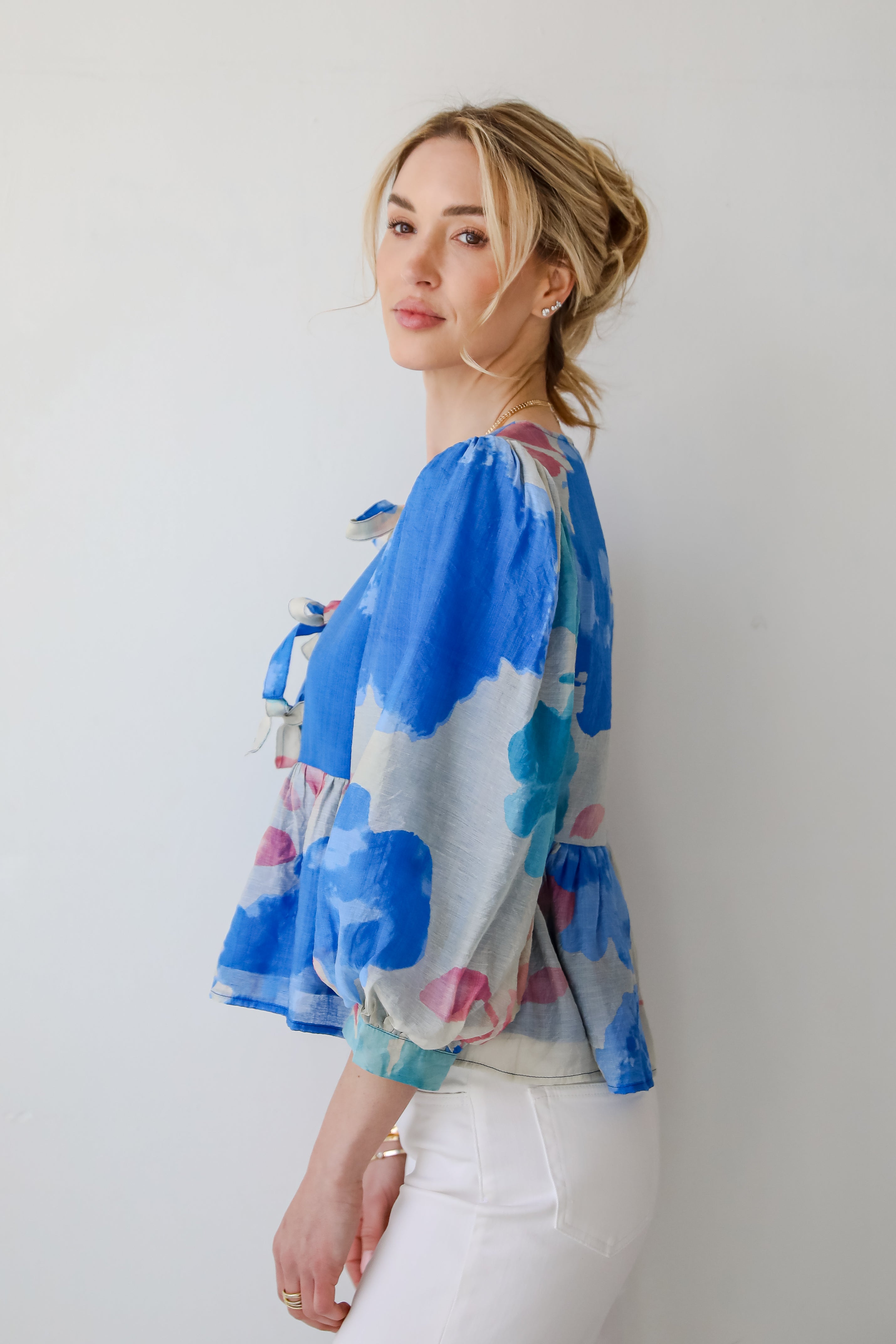 Just My Type Royal Blue Floral Bow Blouse