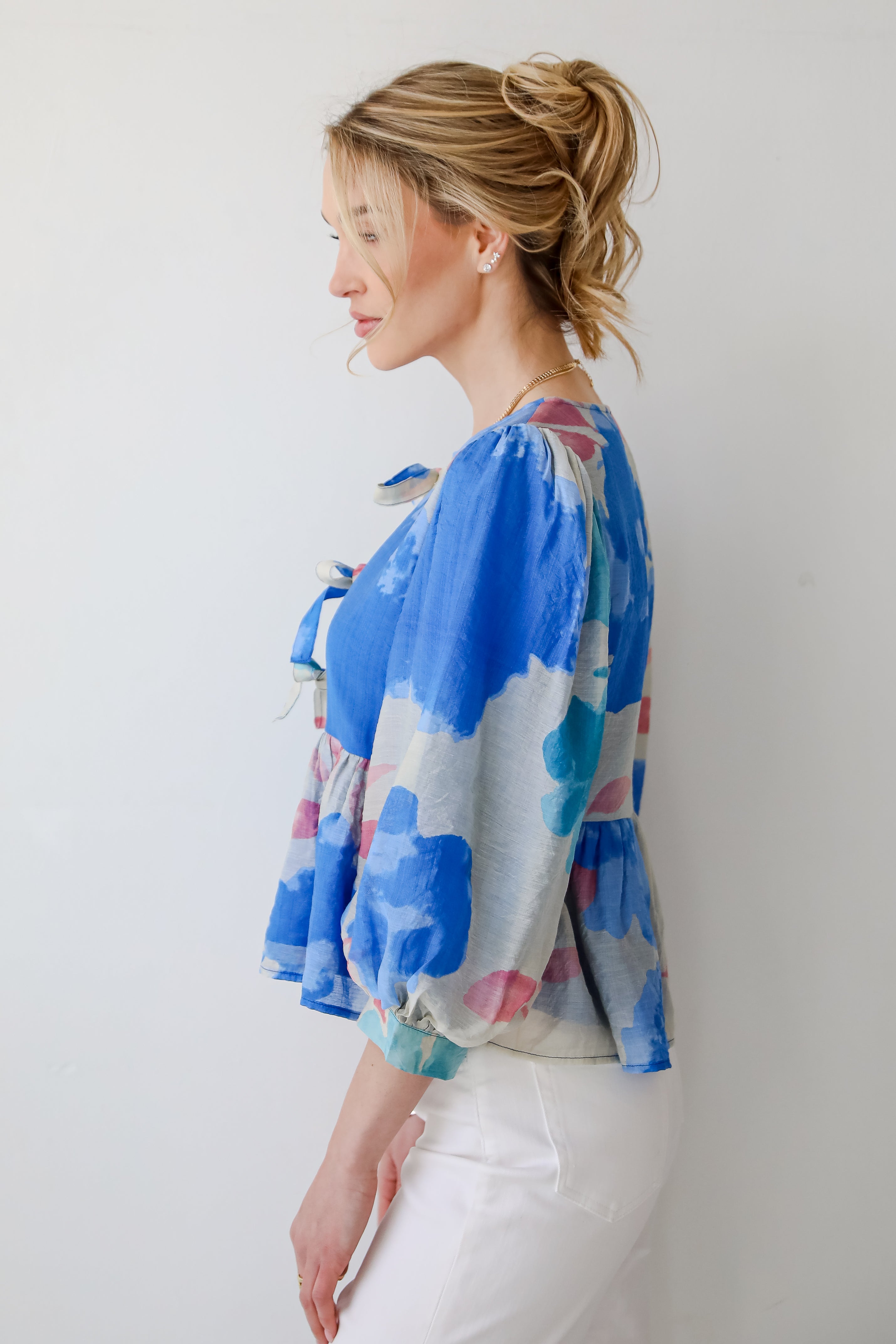 Just My Type Royal Blue Floral Bow Blouse