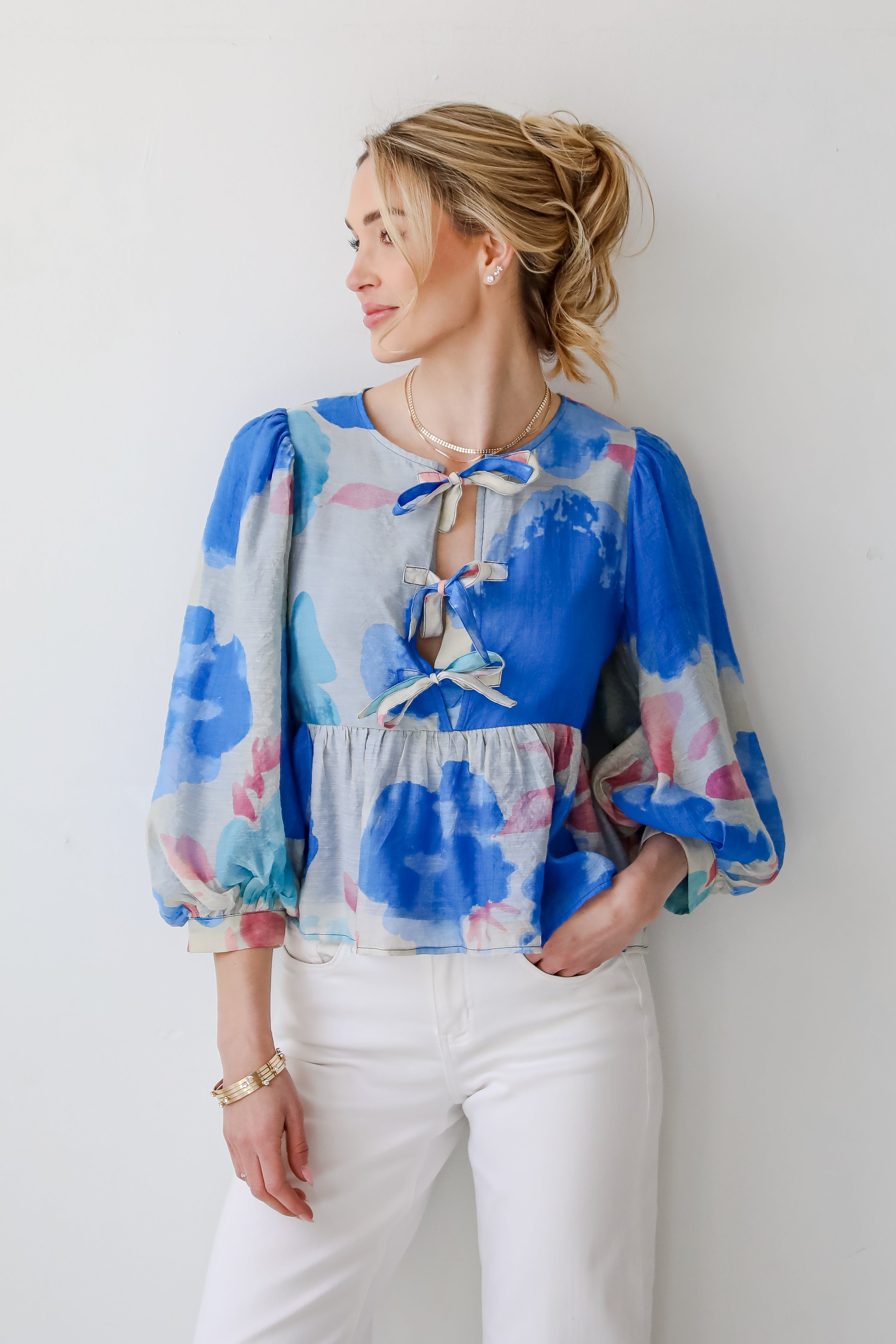 Just My Type Royal Blue Floral Bow Blouse