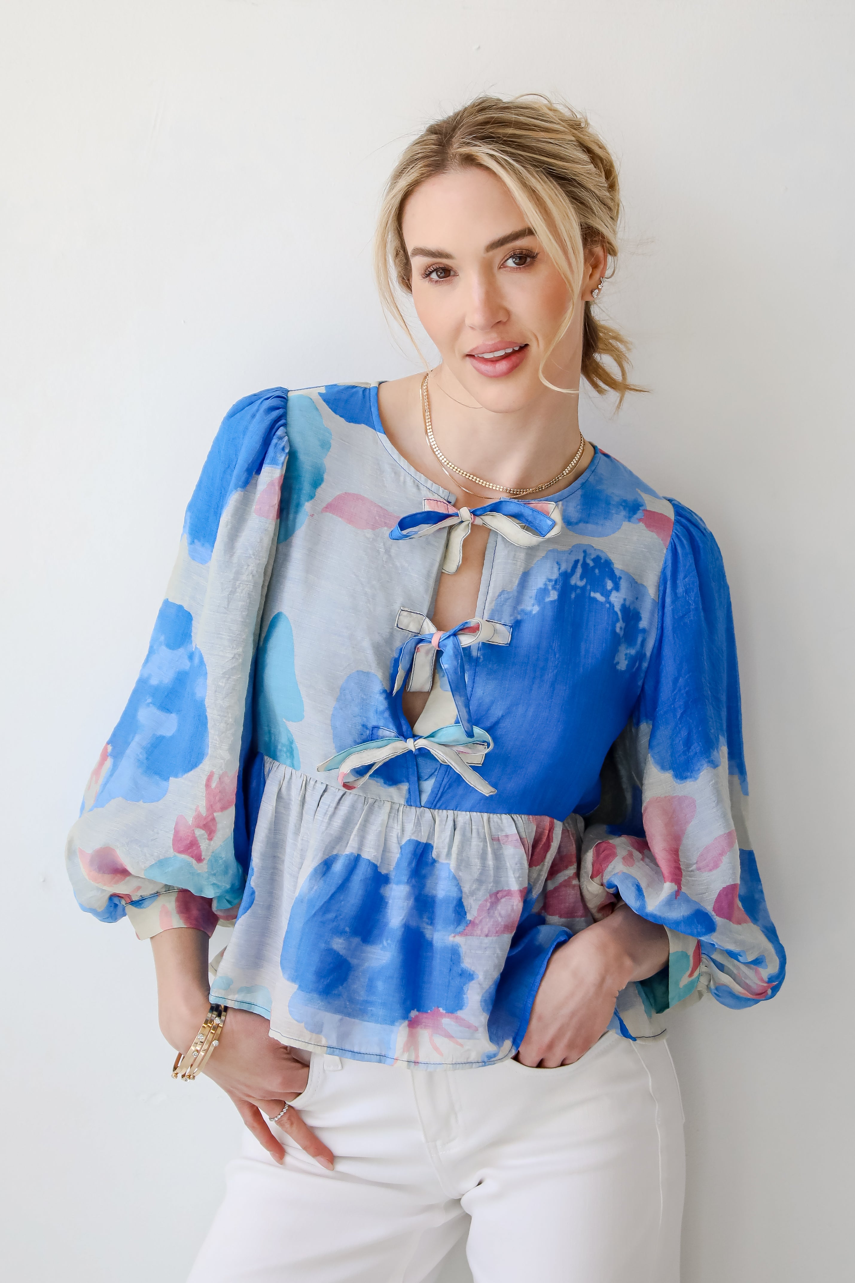 Just My Type Royal Blue Floral Bow Blouse