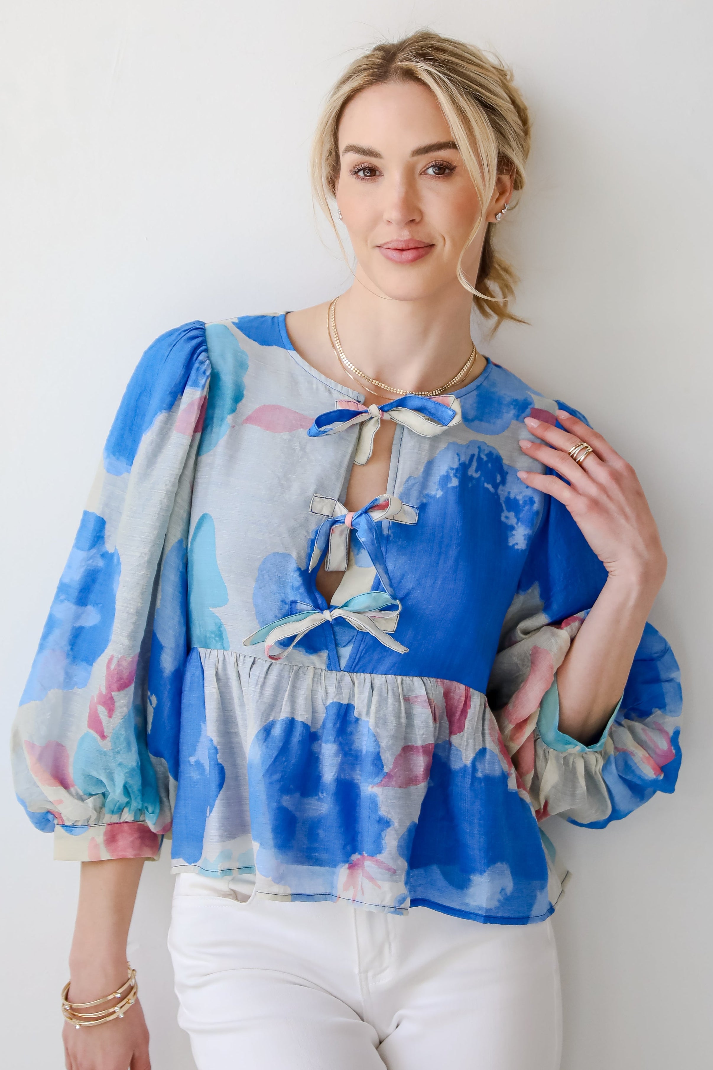 Just My Type Royal Blue Floral Bow Blouse