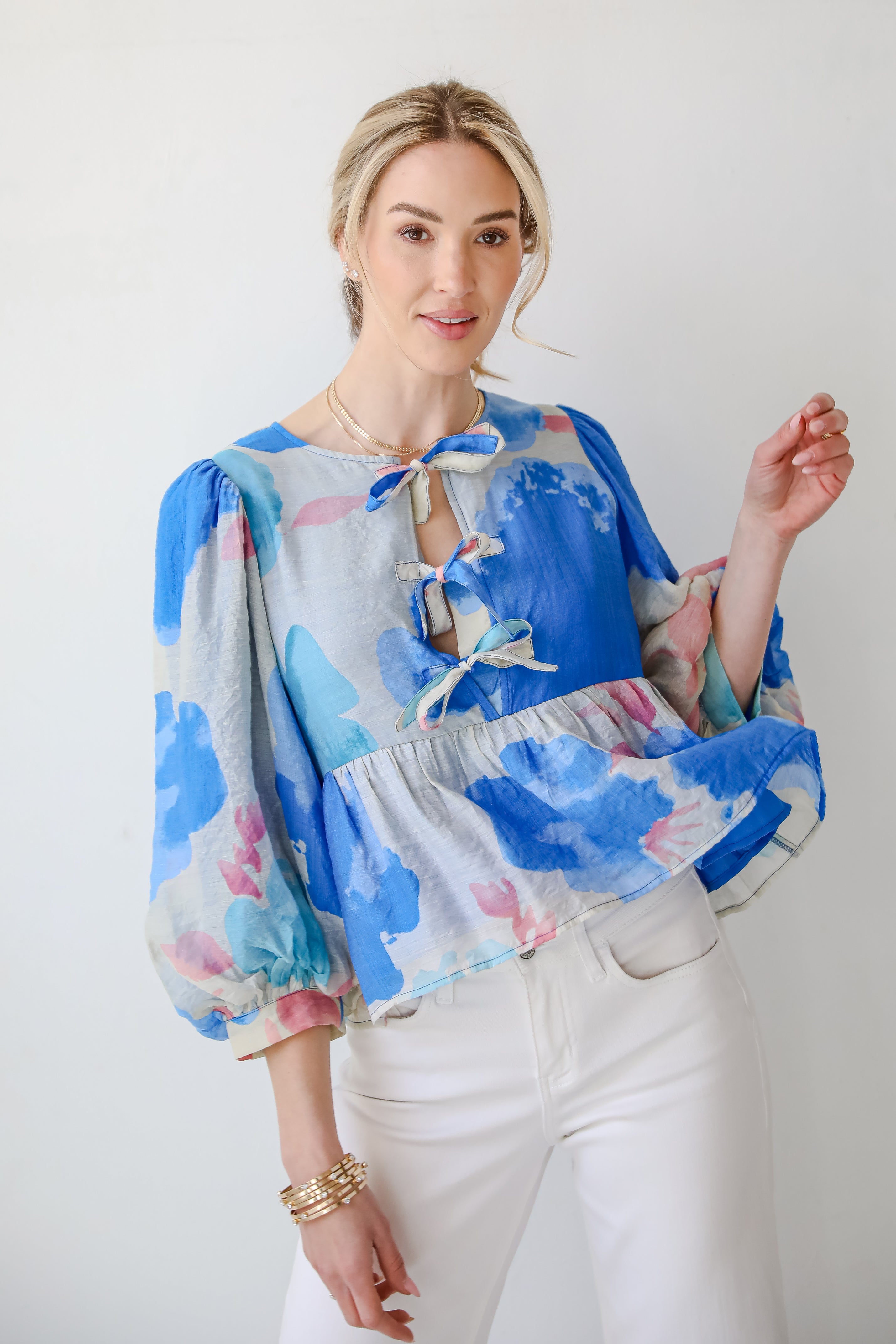 Just My Type Royal Blue Floral Bow Blouse