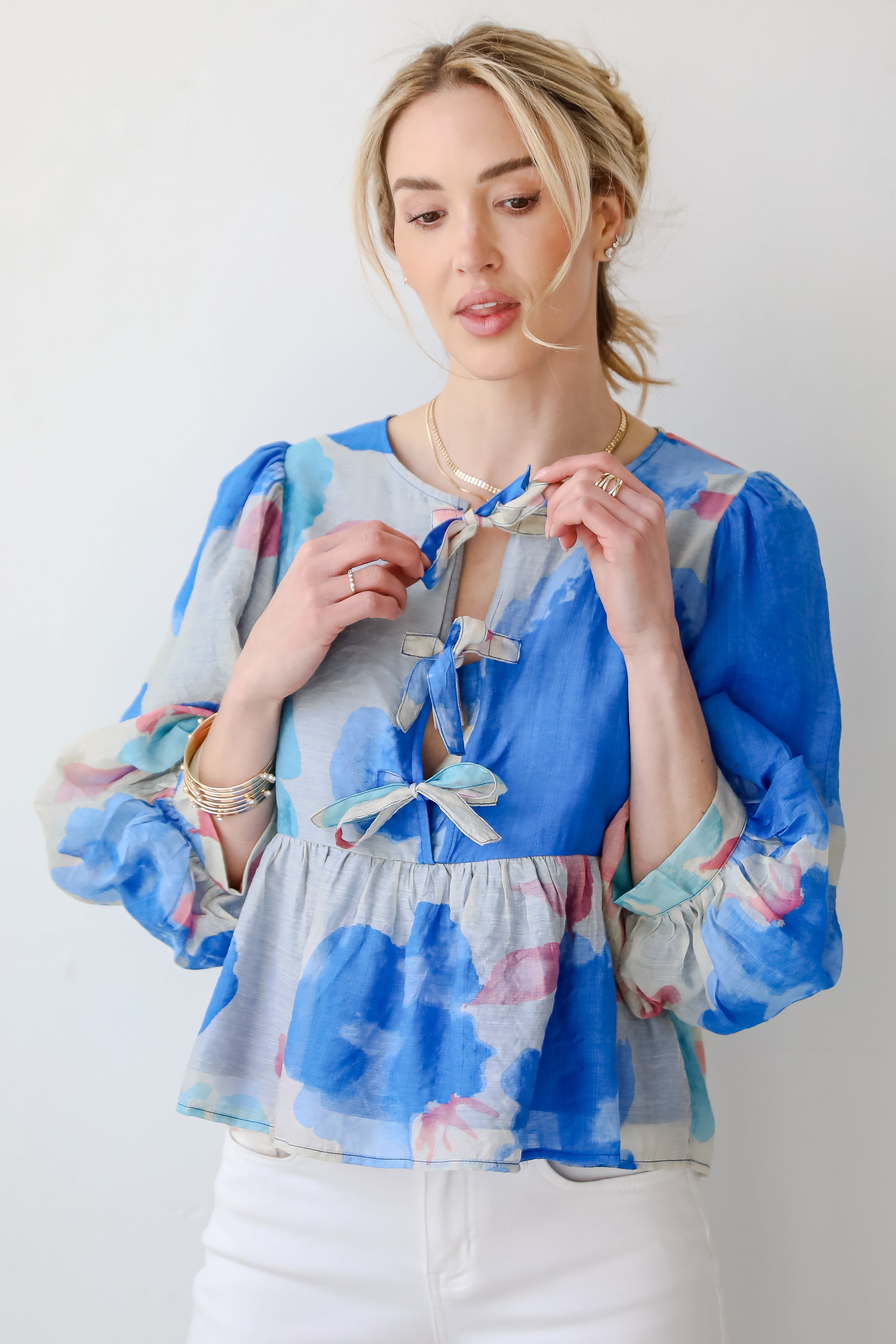 Just My Type Royal Blue Floral Bow Blouse