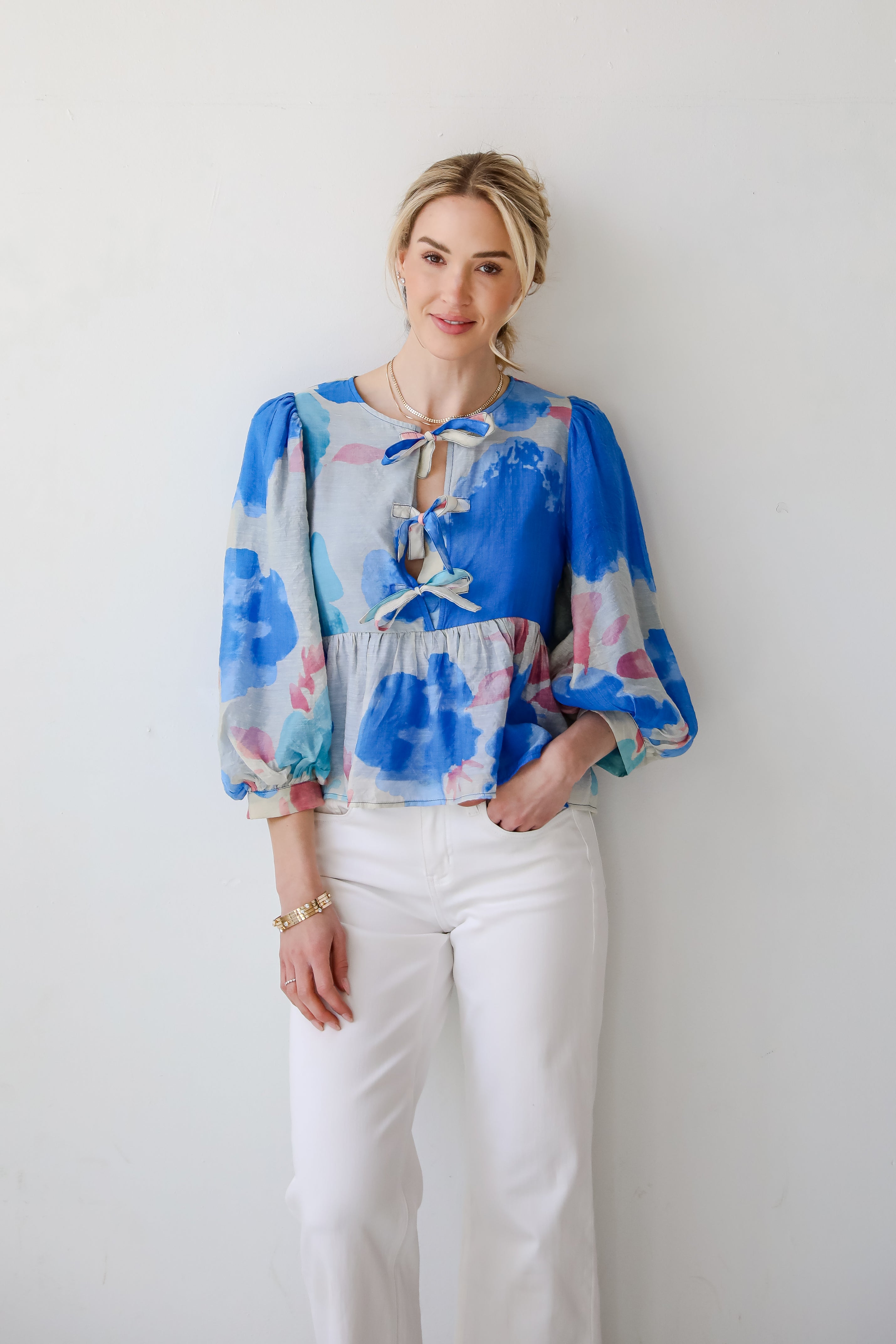 Just My Type Royal Blue Floral Bow Blouse