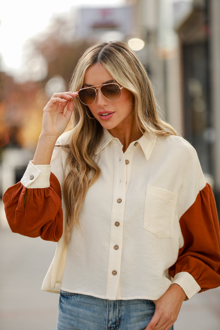 cute Ivory Color Block Corduroy Button-Up Top