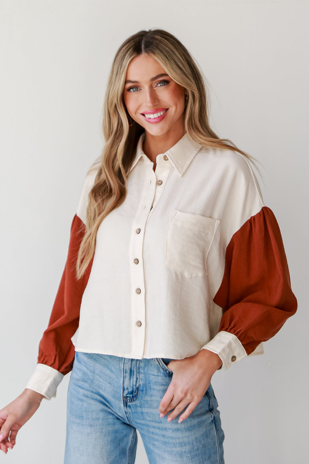 trendy Ivory Color Block Corduroy Button-Up Top