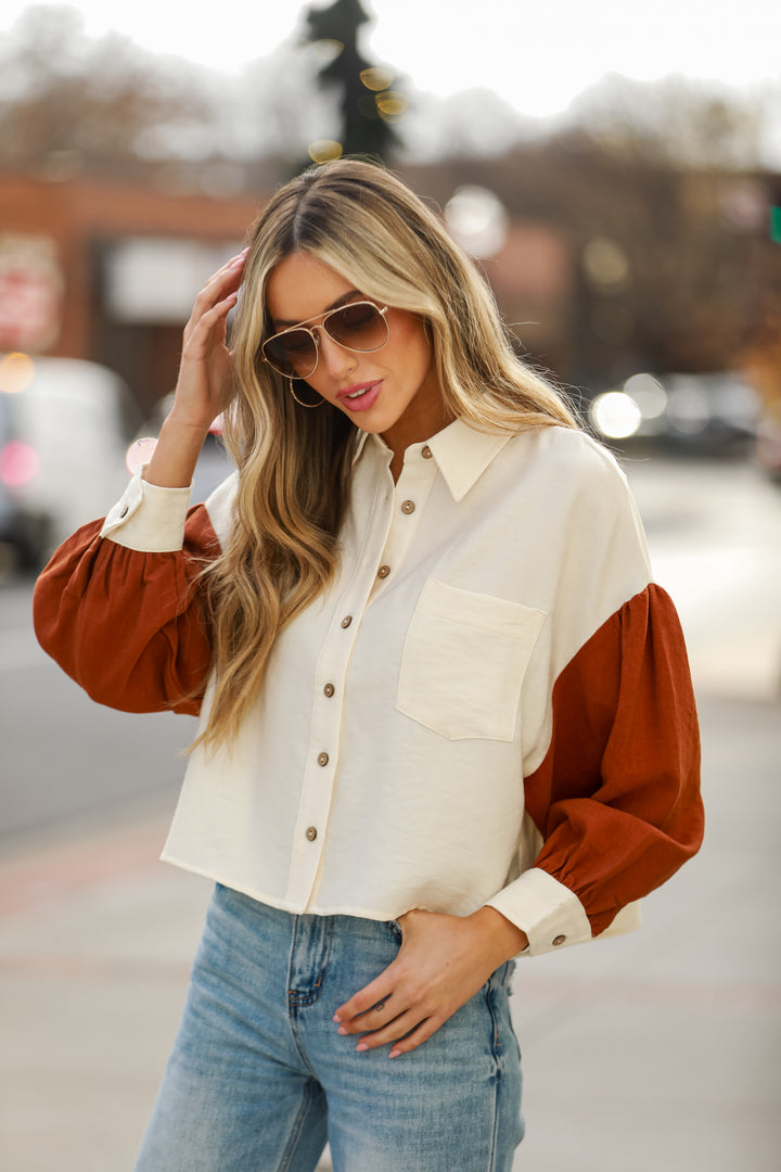 Ivory Color Block Corduroy Button-Up Top