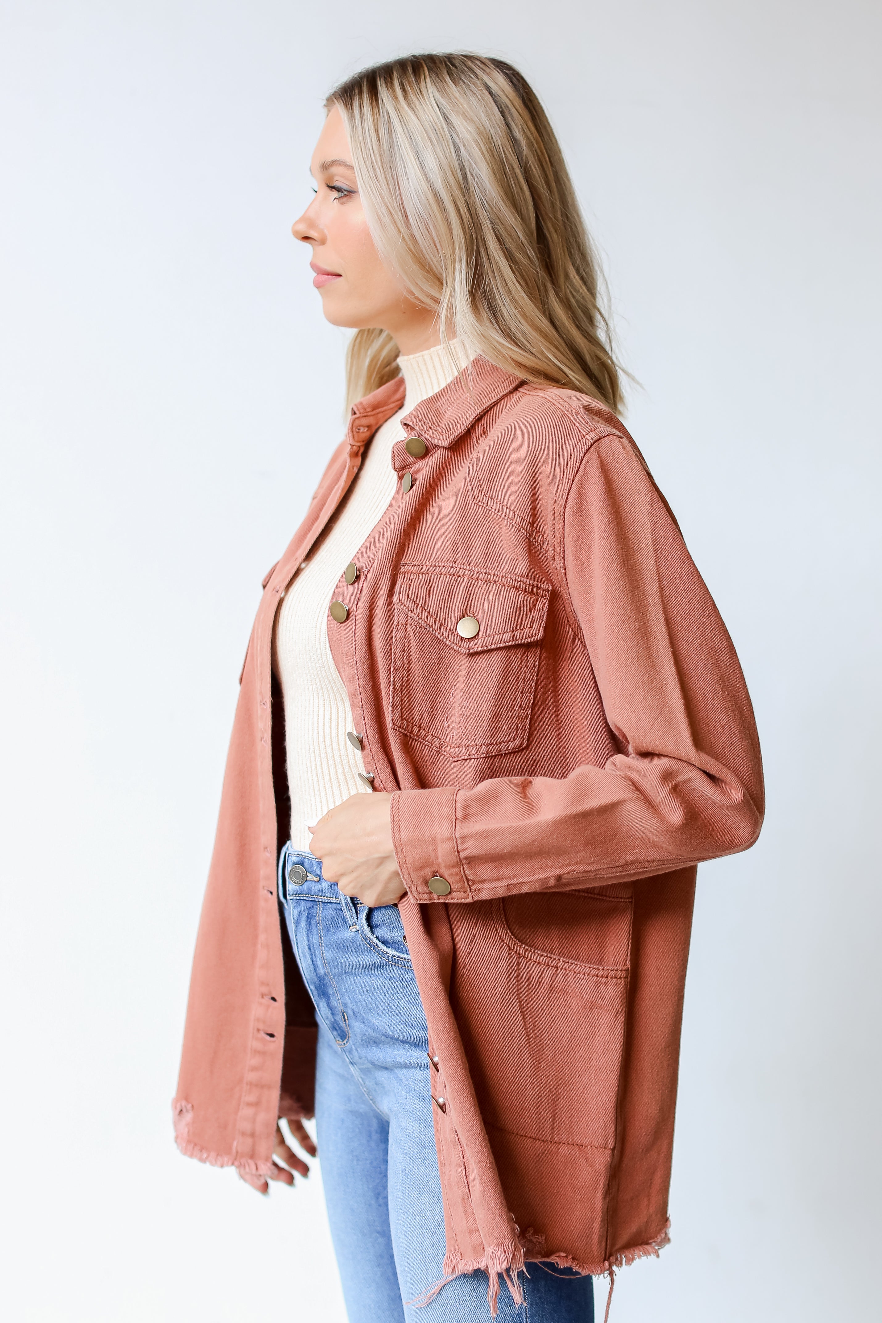 rust Distressed Denim Jacket side view