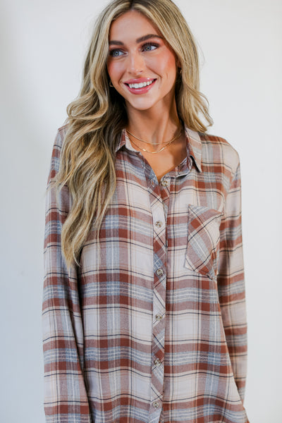 taupe Plaid Flannel close up