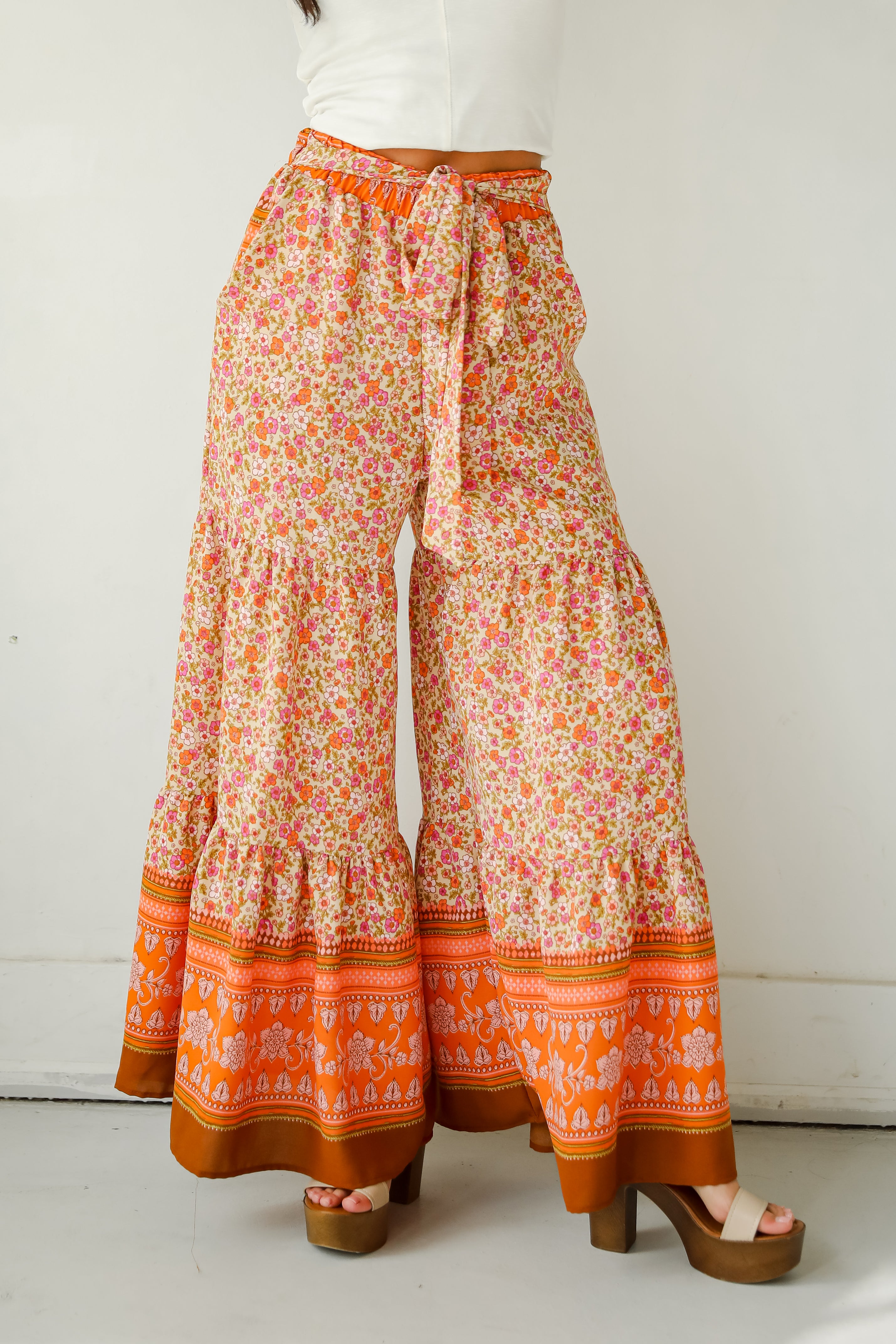 Trendsetting Choice Rust Floral Tiered Wide Leg Pants