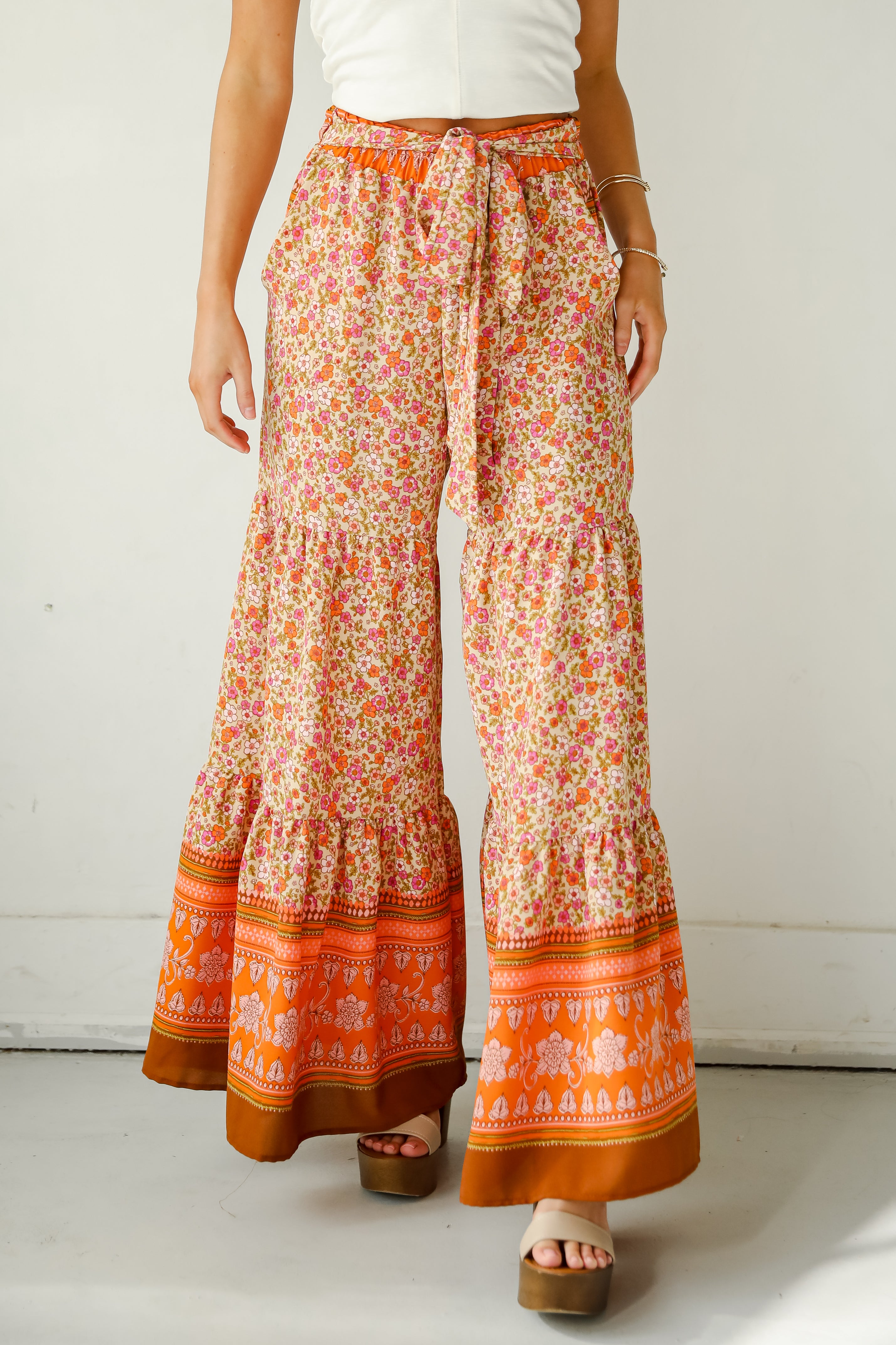 Trendsetting Choice Rust Floral Tiered Wide Leg Pants