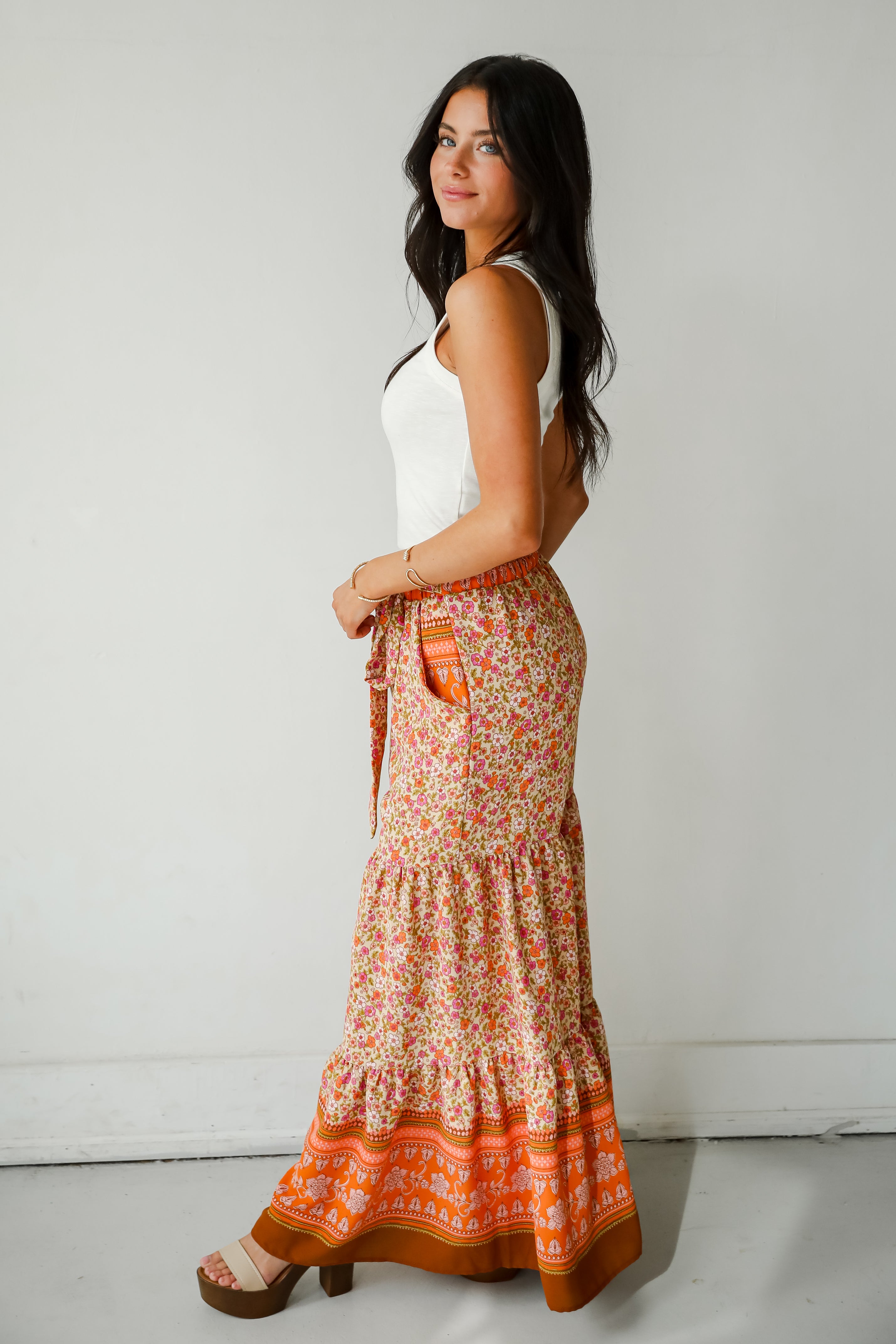 Trendsetting Choice Rust Floral Tiered Wide Leg Pants