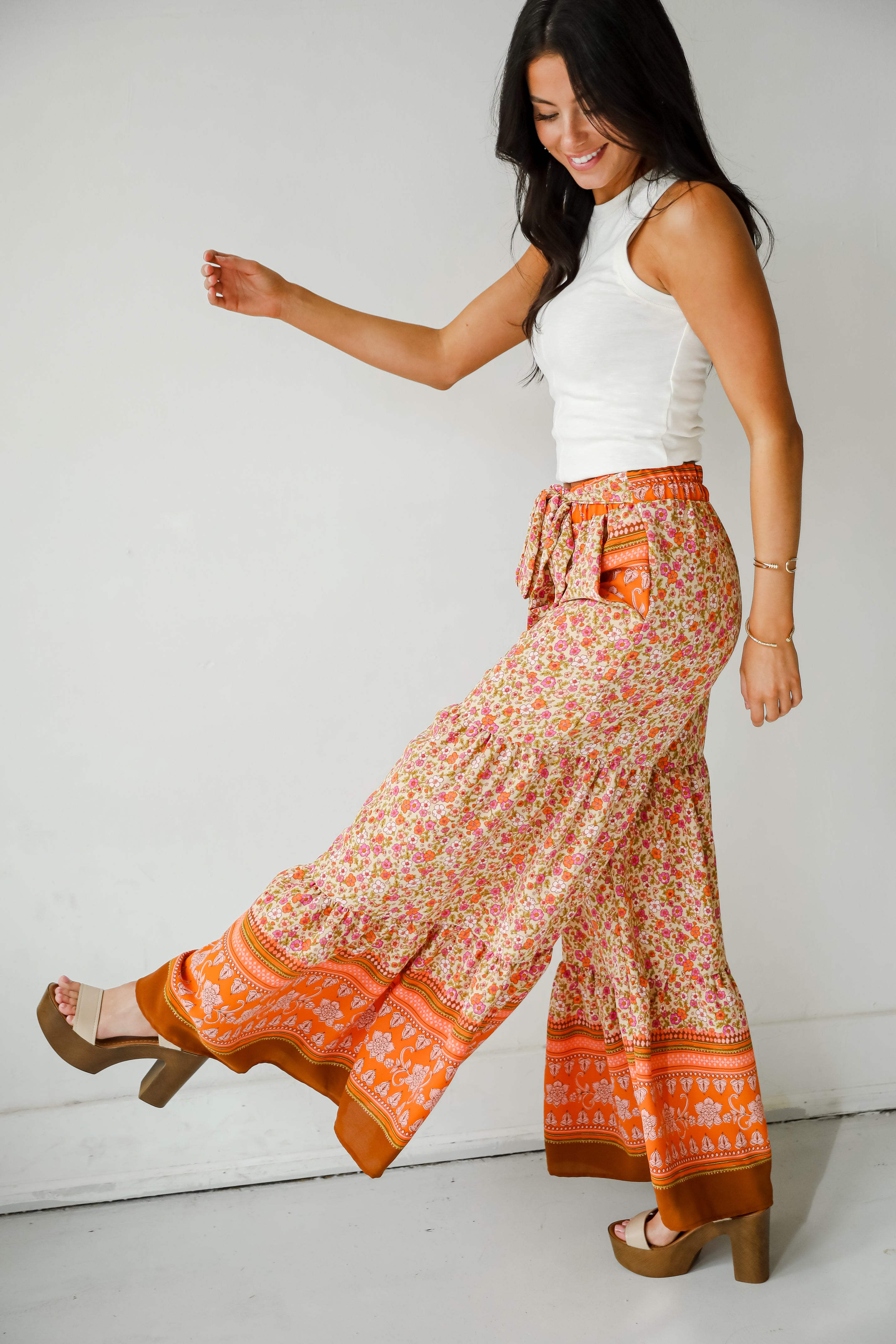 Trendsetting Choice Rust Floral Tiered Wide Leg Pants