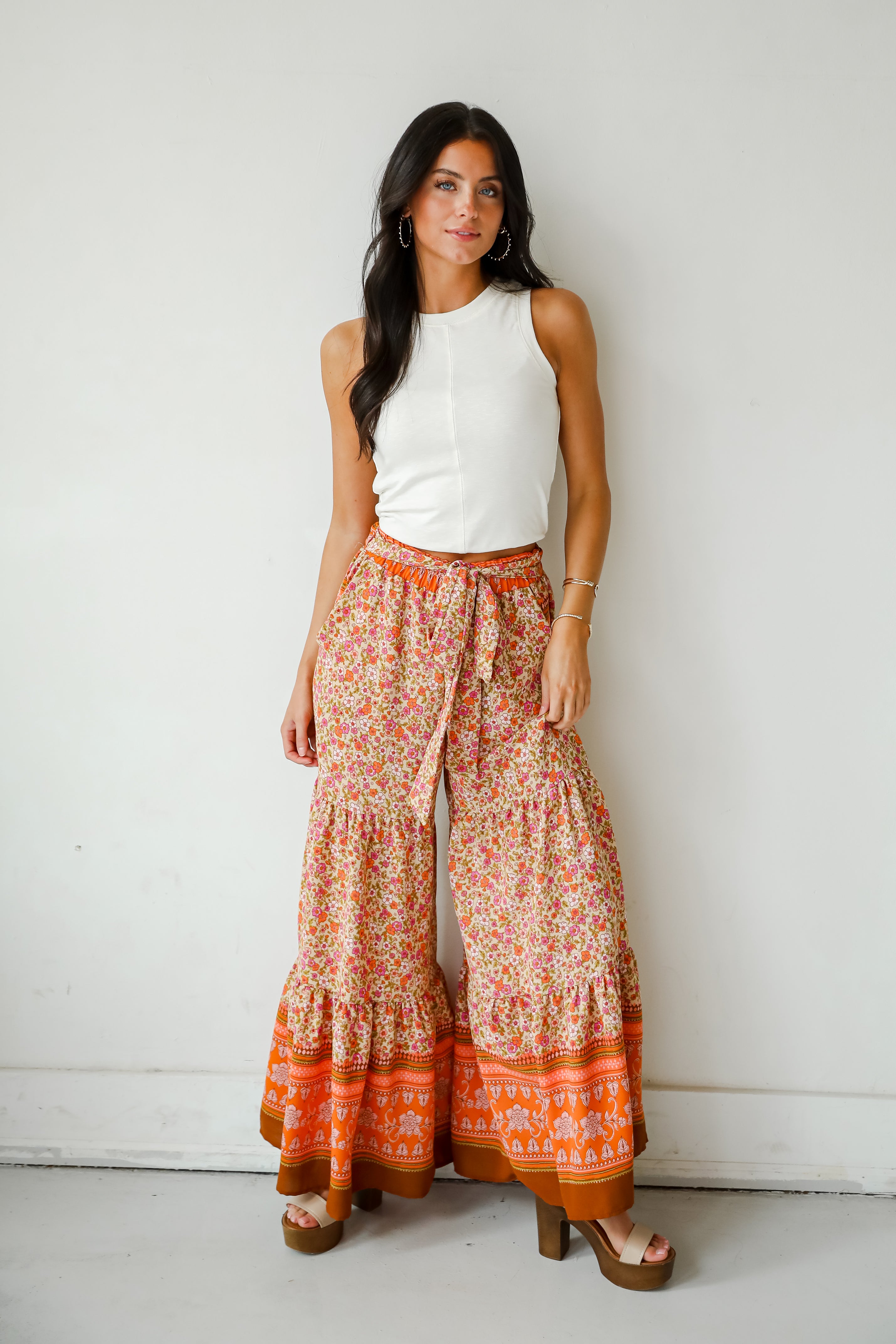 Trendsetting Choice Rust Floral Tiered Wide Leg Pants