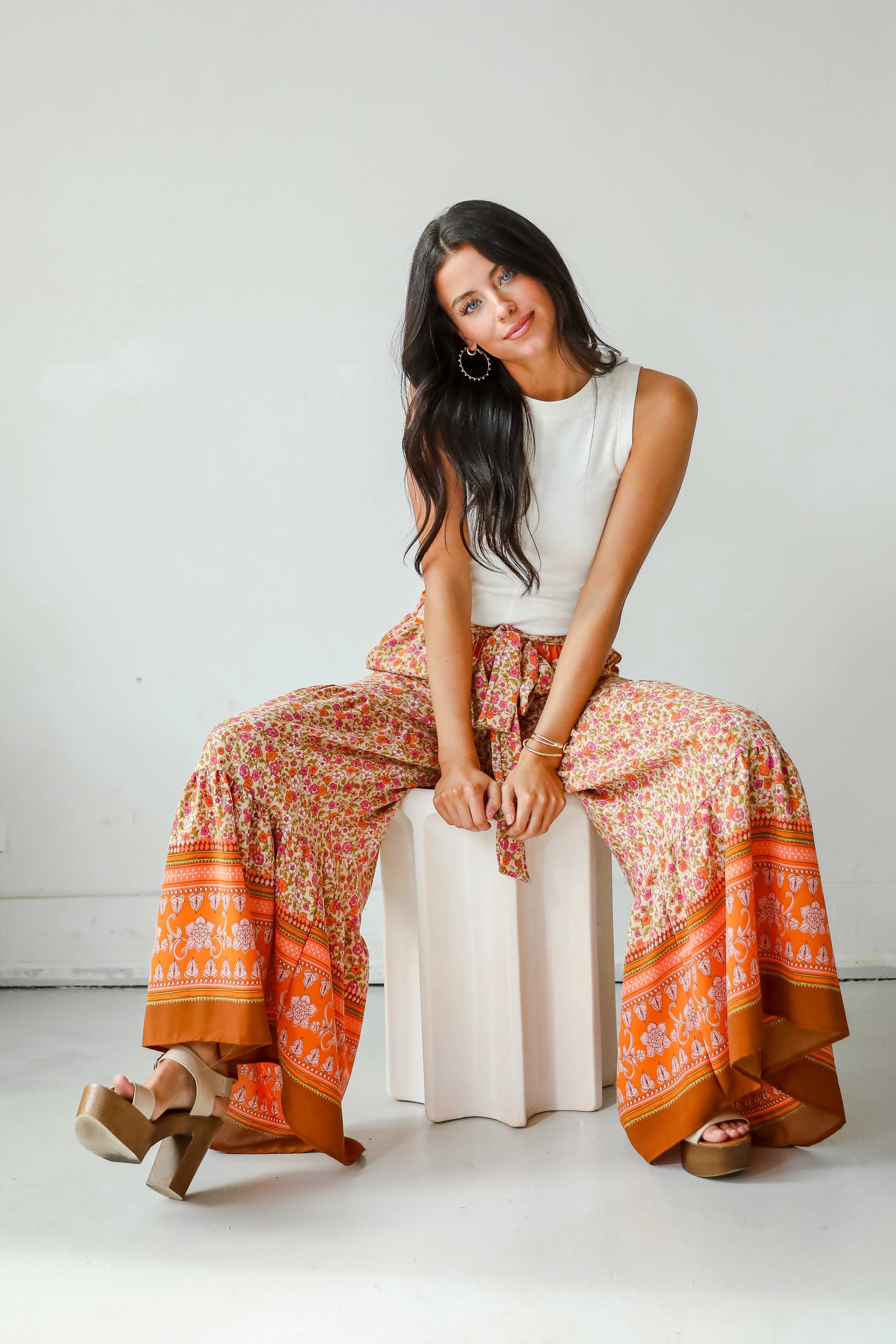 Trendsetting Choice Rust Floral Tiered Wide Leg Pants