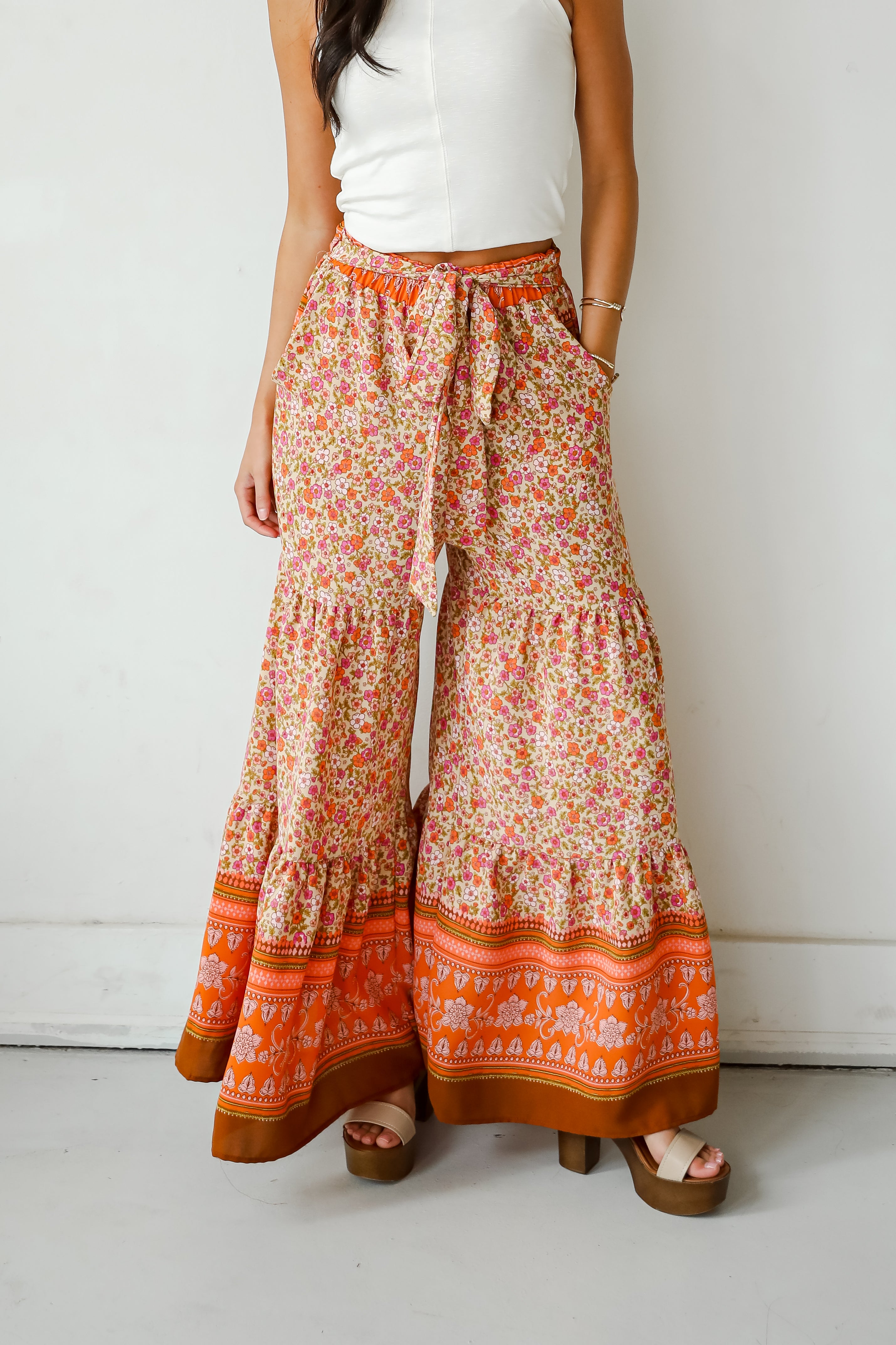 Trendsetting Choice Rust Floral Tiered Wide Leg Pants